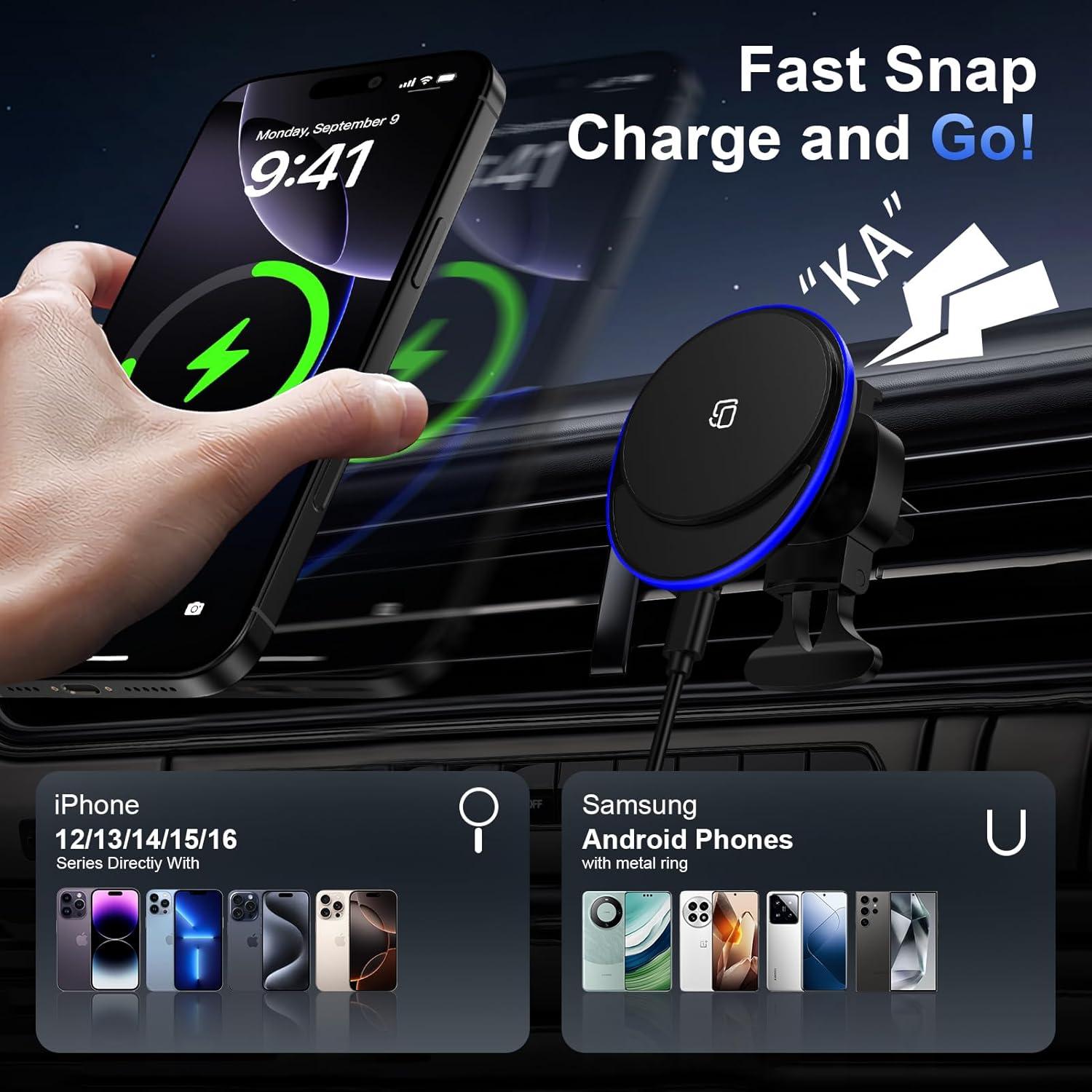 Cargador Inalámbrico de Auto Mag Safe UorMe 15W para iPhone y Samsung