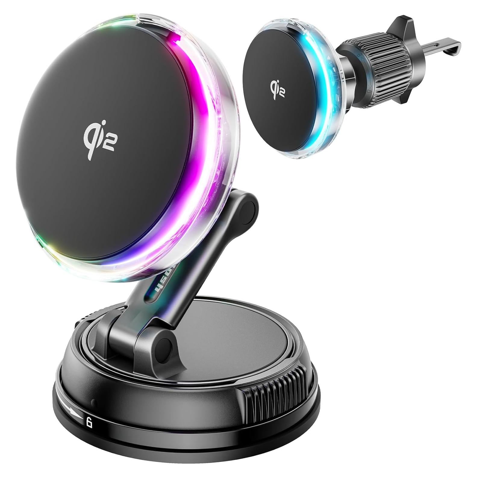 Cargador de Coche MagSafe Qi2 15W con Ventilador RGB - Negro