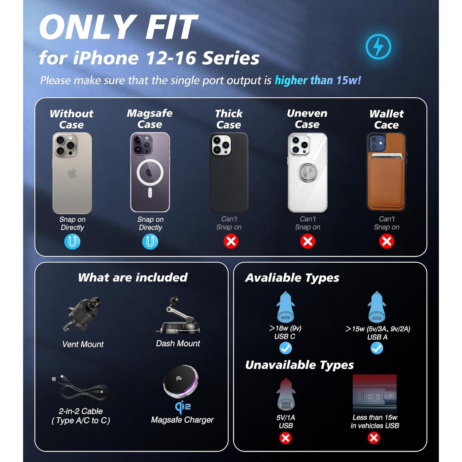 Cargador de Coche MagSafe Qi2 15W con Ventilador RGB - Negro