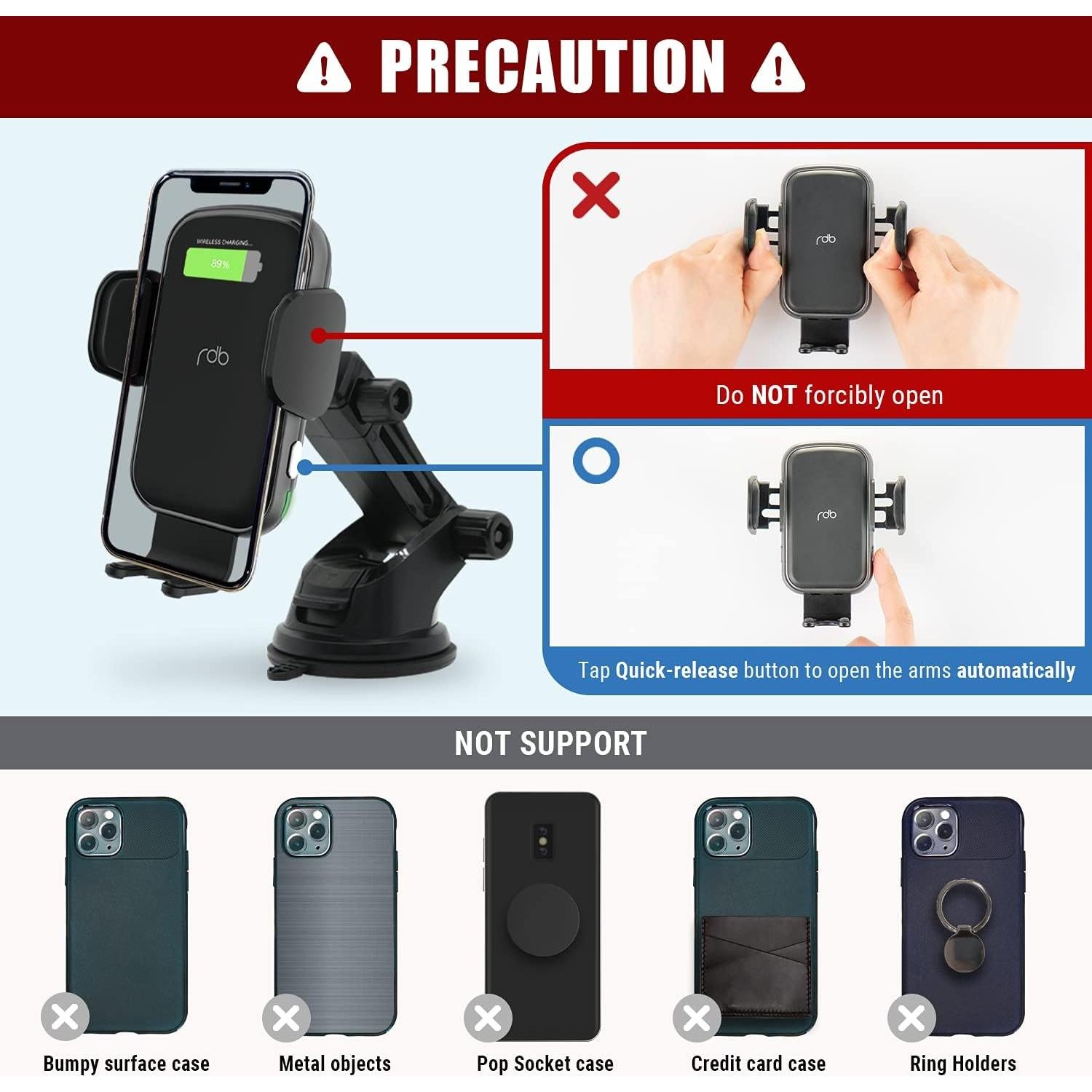 Cargador Inalámbrico para Auto REDBEAN 15W Qi con Soporte