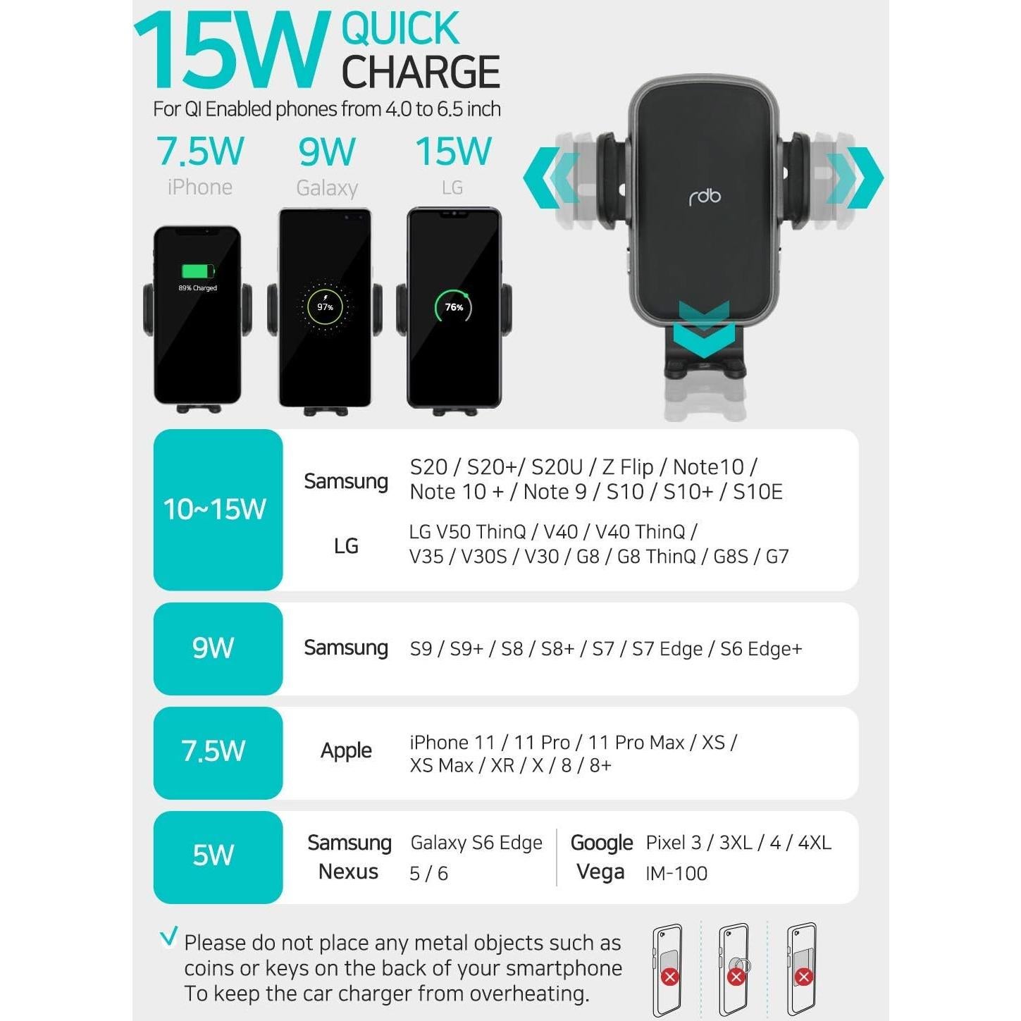 Cargador Inalámbrico para Auto REDBEAN 15W Qi con Soporte