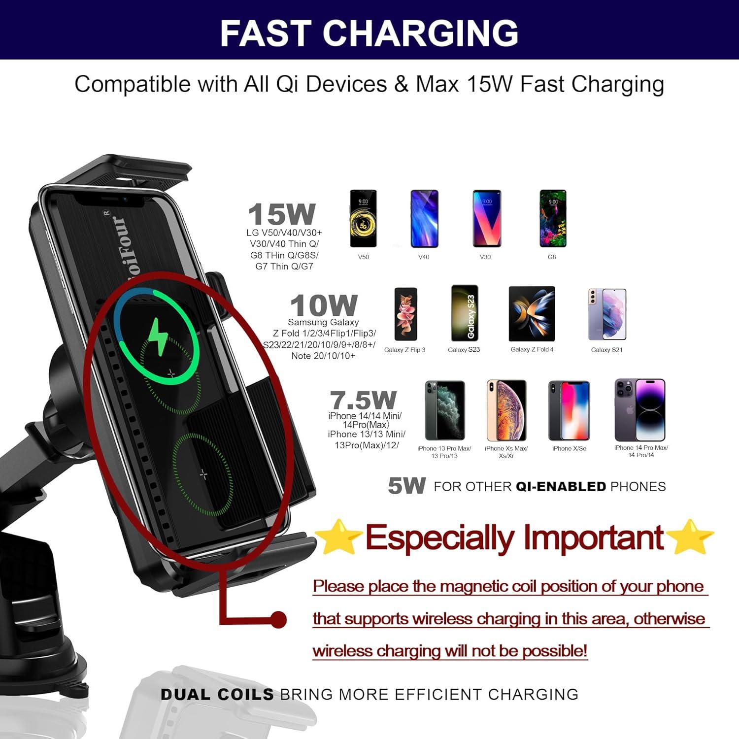 Cargador Inalámbrico Qi 15W para Auto ioiFour con Soporte