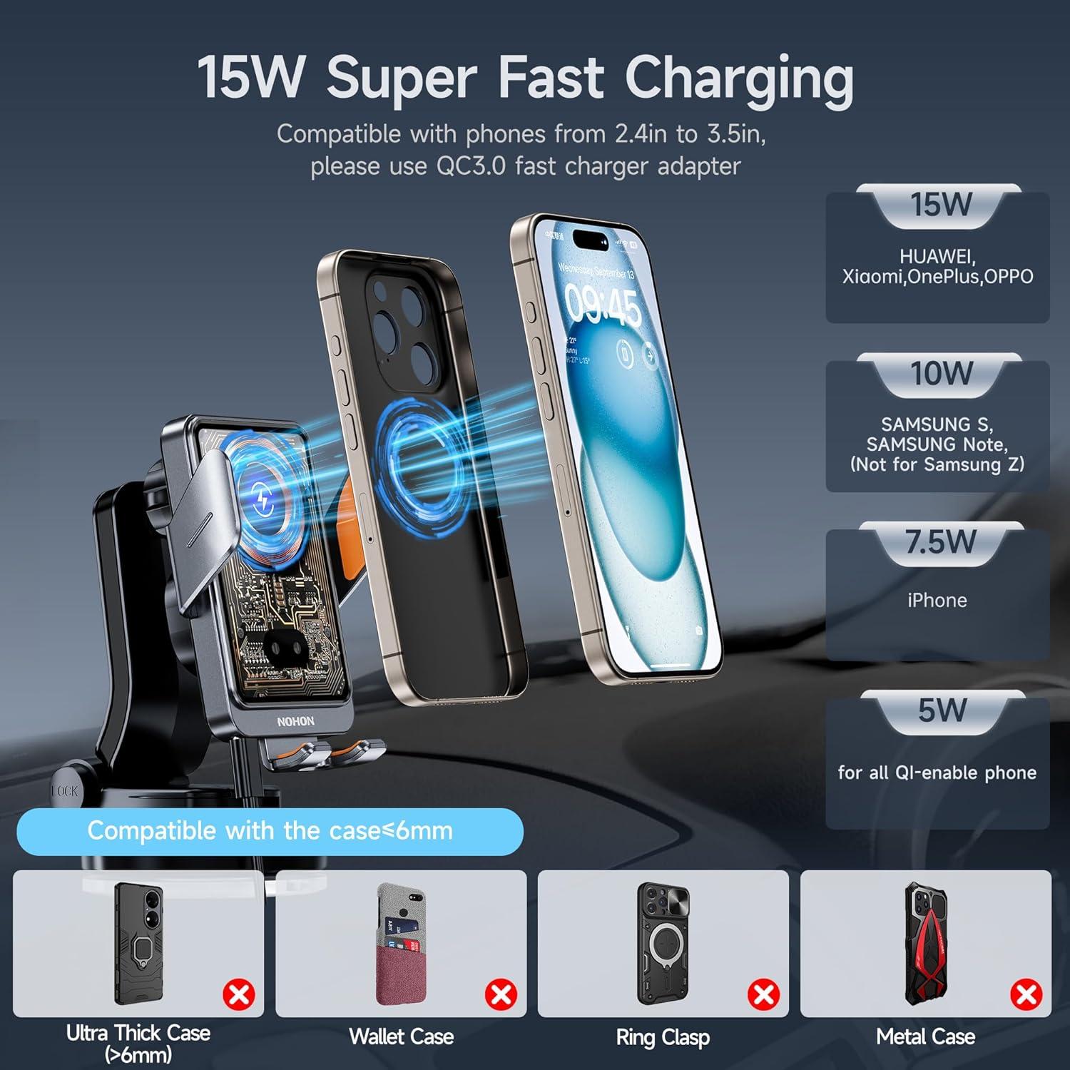 Cargador Inalámbrico para Auto NOHON T11 15W Qi con Soporte
