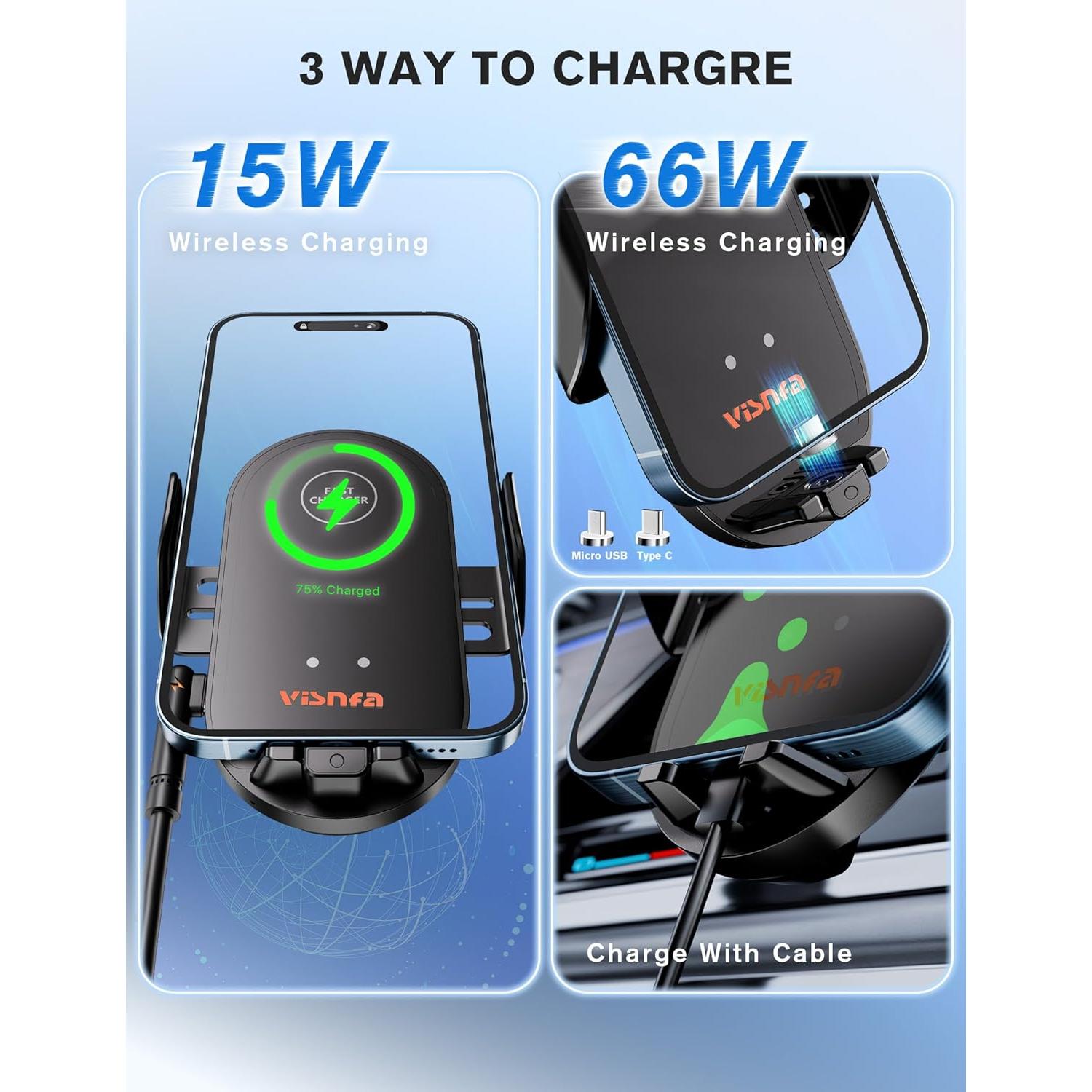 Cargador Inalámbrico Rápido 15W Visnfa para Auto con Soporte