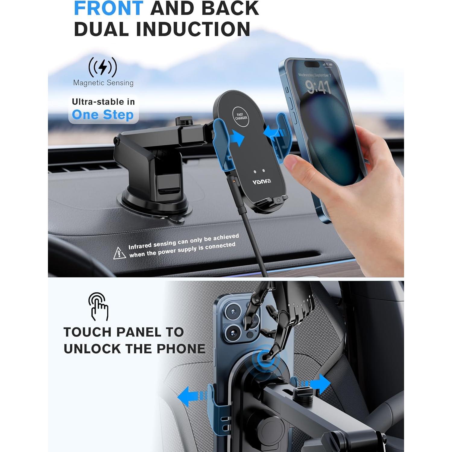 Cargador Inalámbrico Rápido 15W Visnfa para Auto con Soporte