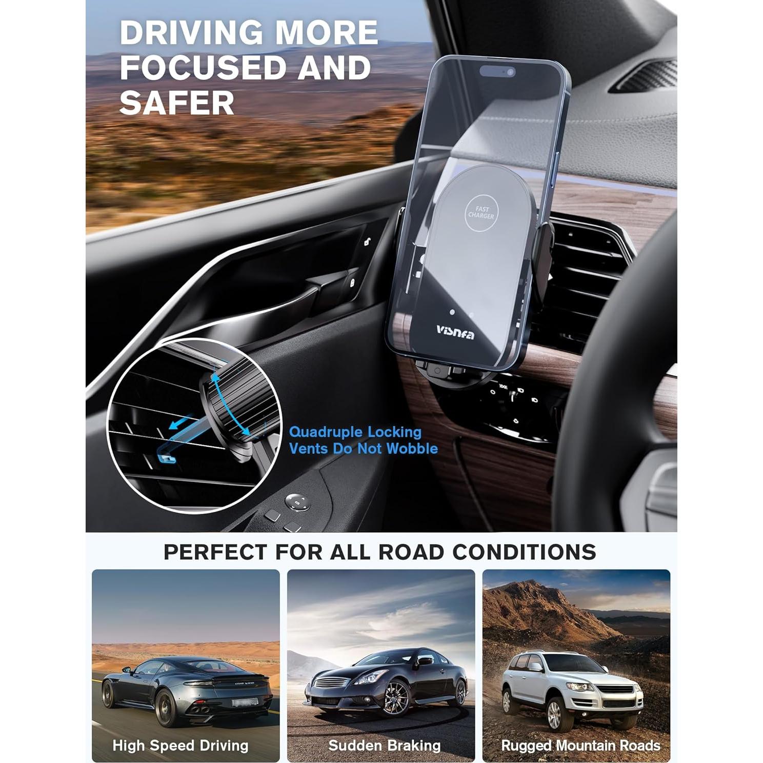 Cargador Inalámbrico Rápido 15W Visnfa para Auto con Soporte