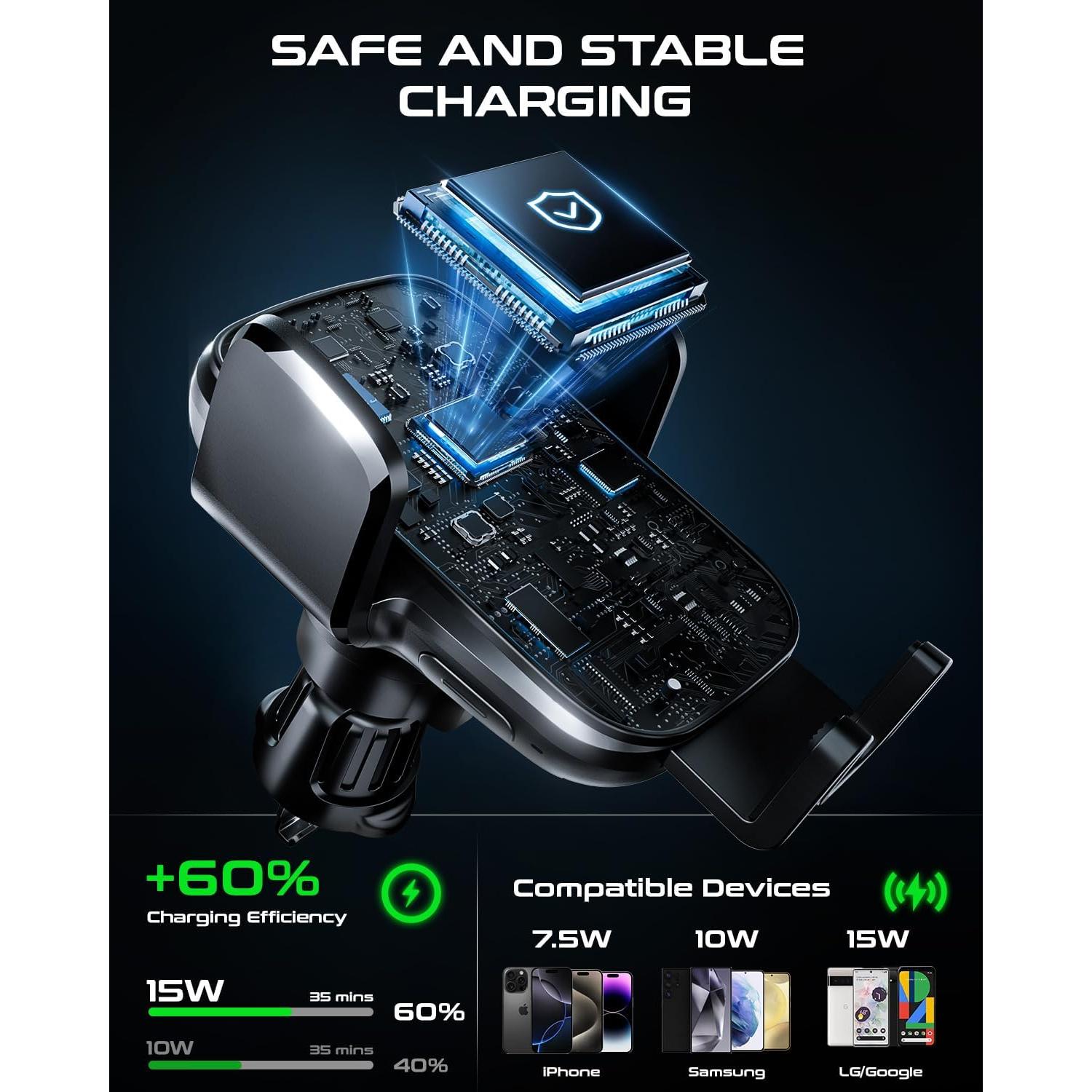 Soporte de teléfono para coche eazpower con cargador Qi 15W