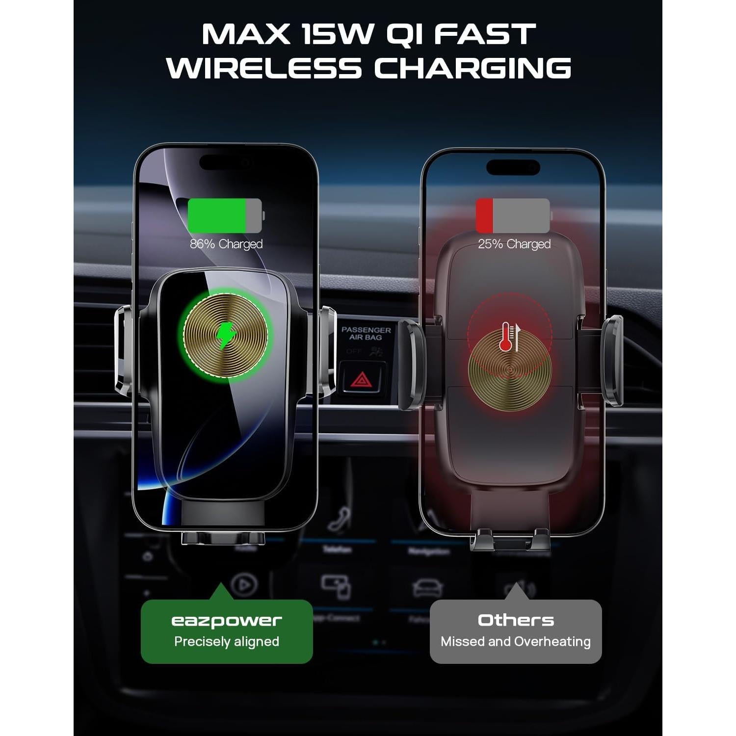 Soporte de teléfono para coche eazpower con cargador Qi 15W
