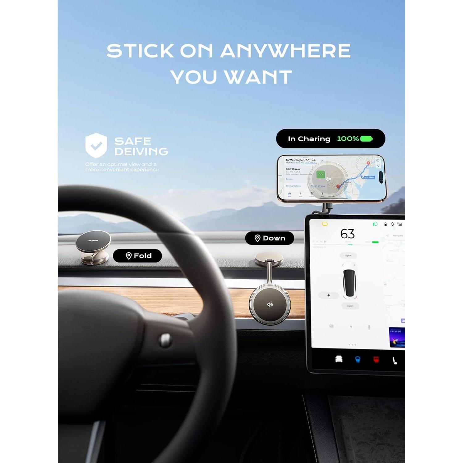 Soporte de Coche Magnético THREEKEY con Cargador Inalámbrico 15W