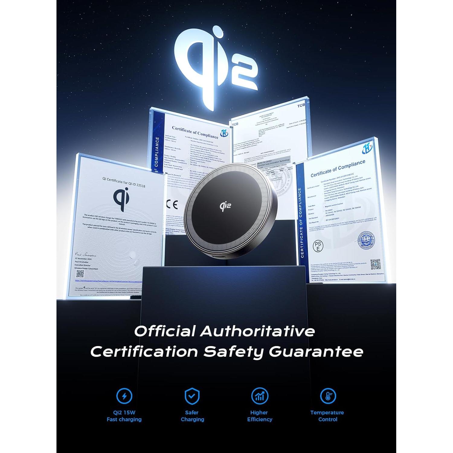 Soporte de Coche Magnético THREEKEY con Cargador Inalámbrico 15W