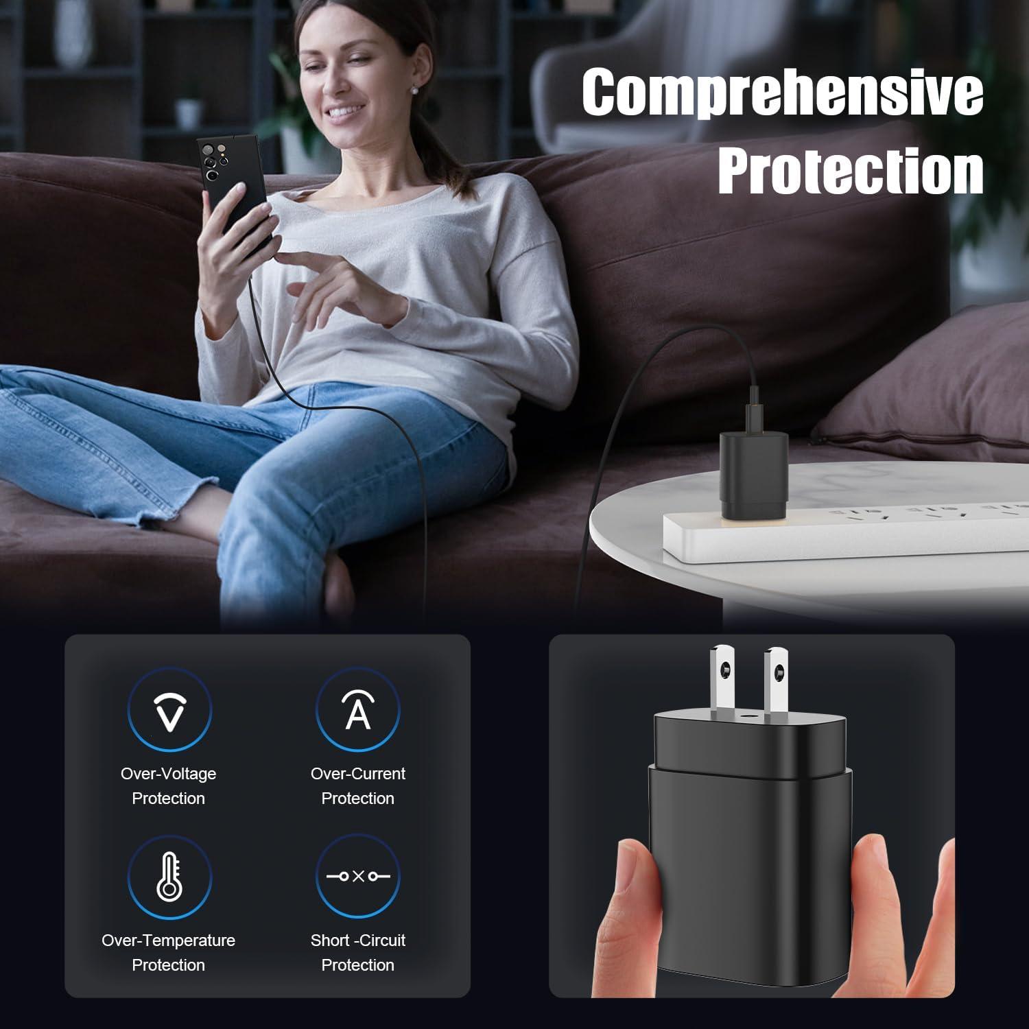 Cargador USB C Rápido 25W Essri Paquete de 4 con Cables 1.83m y 3.05m - Negro