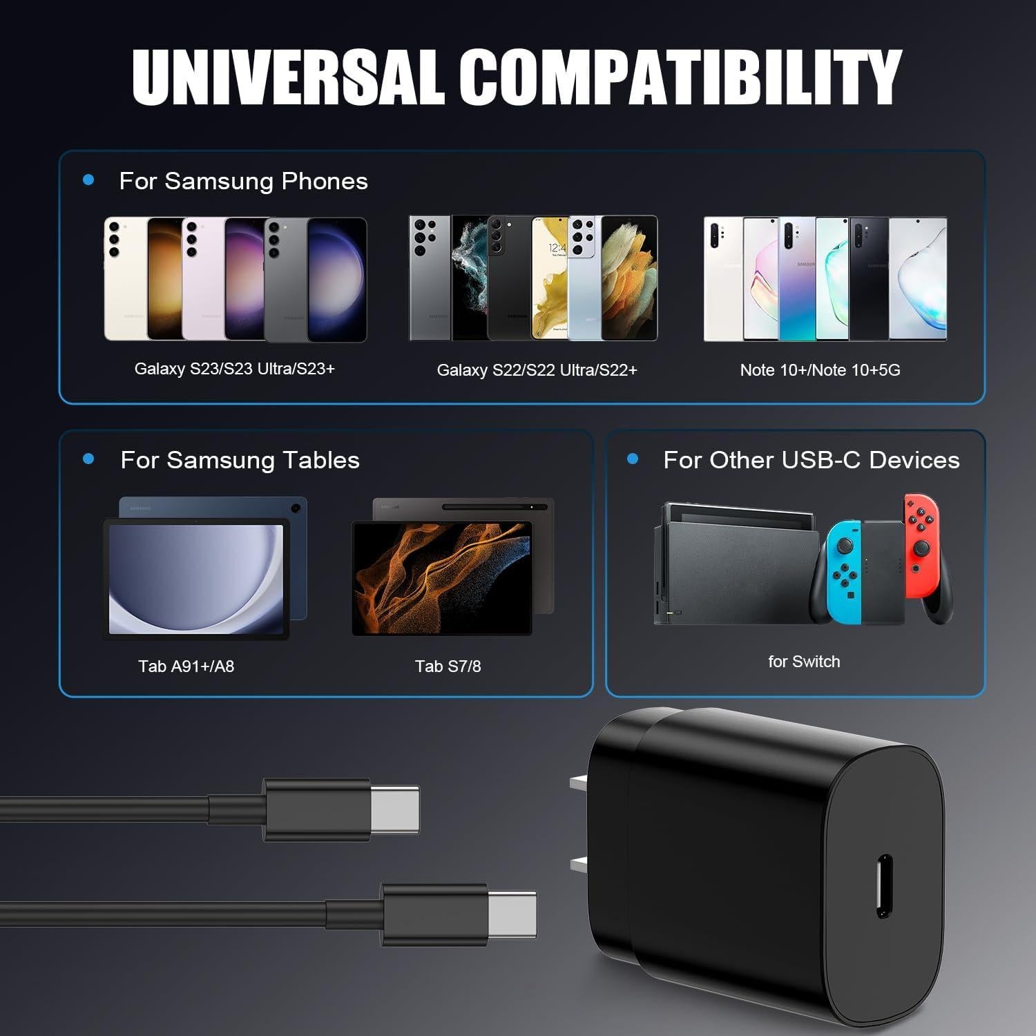 Cargador USB C Rápido 25W Essri Paquete de 4 con Cables 1.83m y 3.05m - Negro