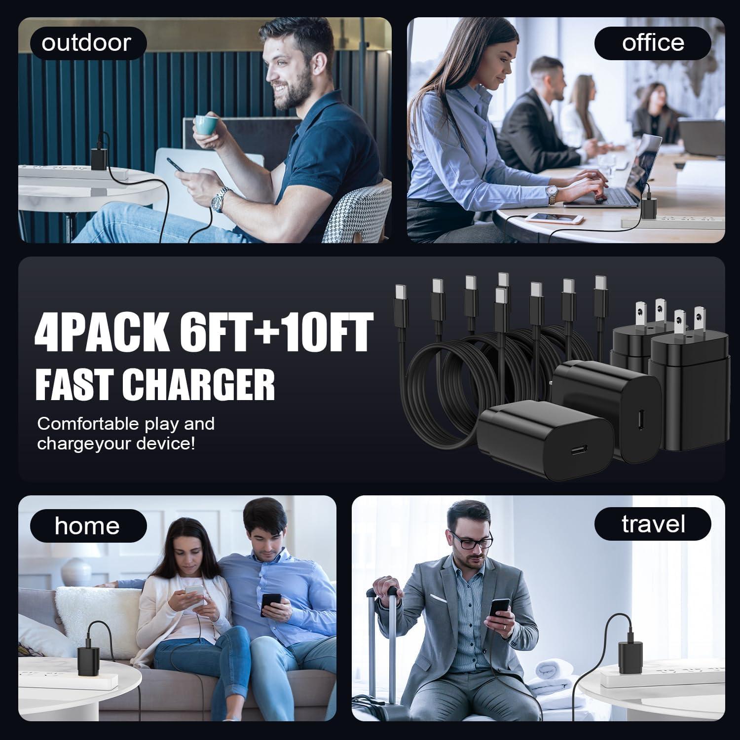 Cargador USB C Rápido 25W Essri Paquete de 4 con Cables 1.83m y 3.05m - Negro