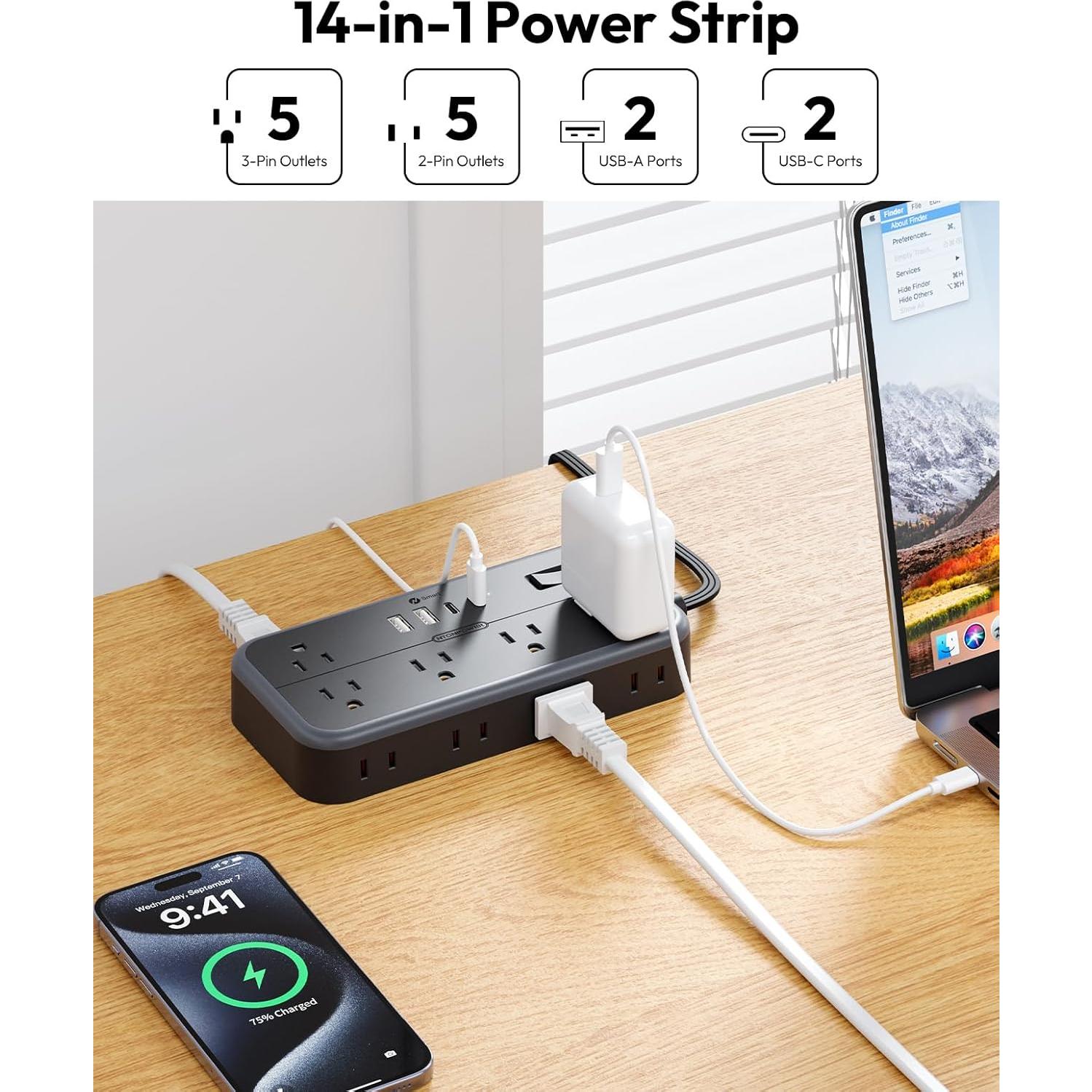 Regleta NTONPOWER 10 Salidas 4 USB 5 Pies Protección Sobretensión