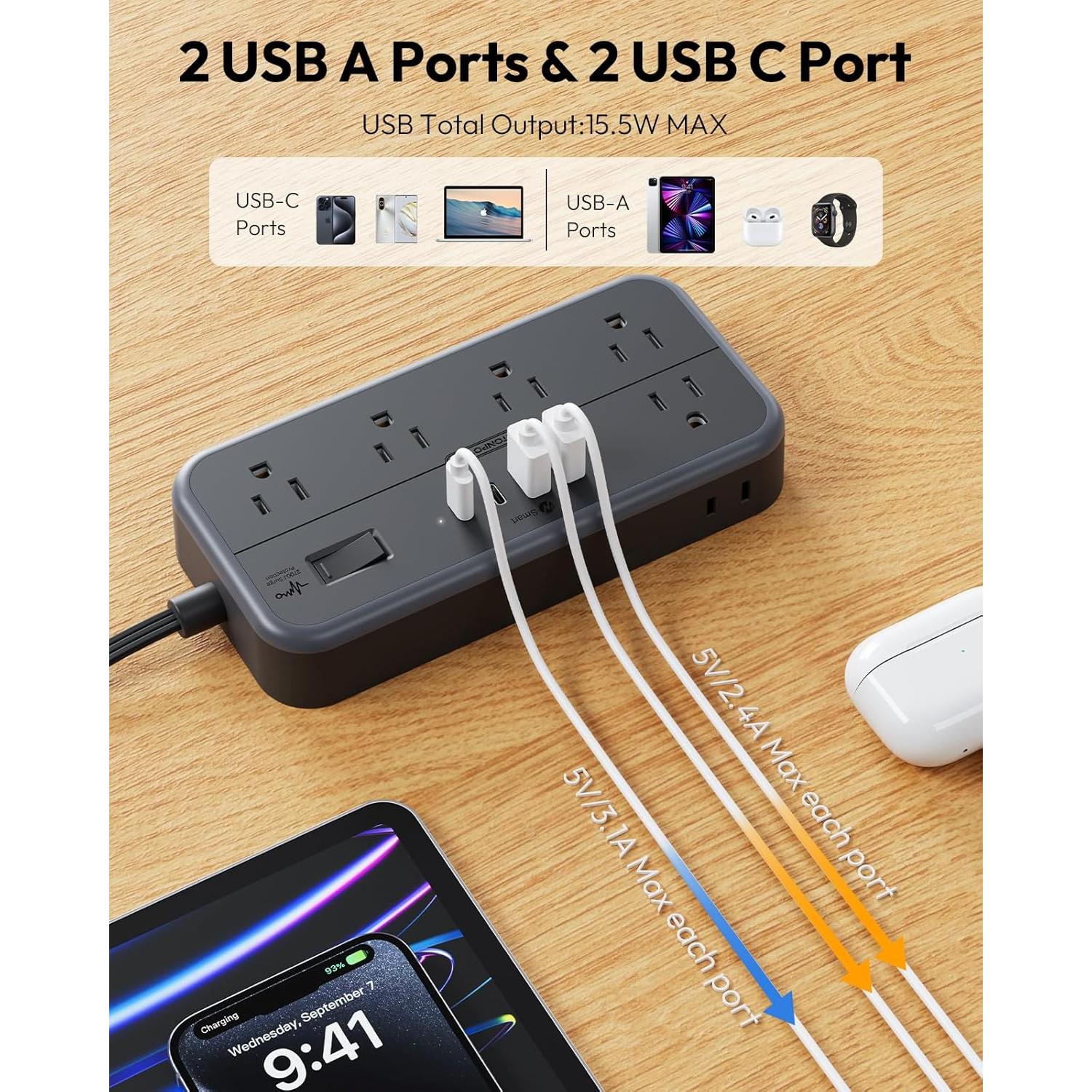 Regleta NTONPOWER 10 Salidas 4 USB 5 Pies Protección Sobretensión