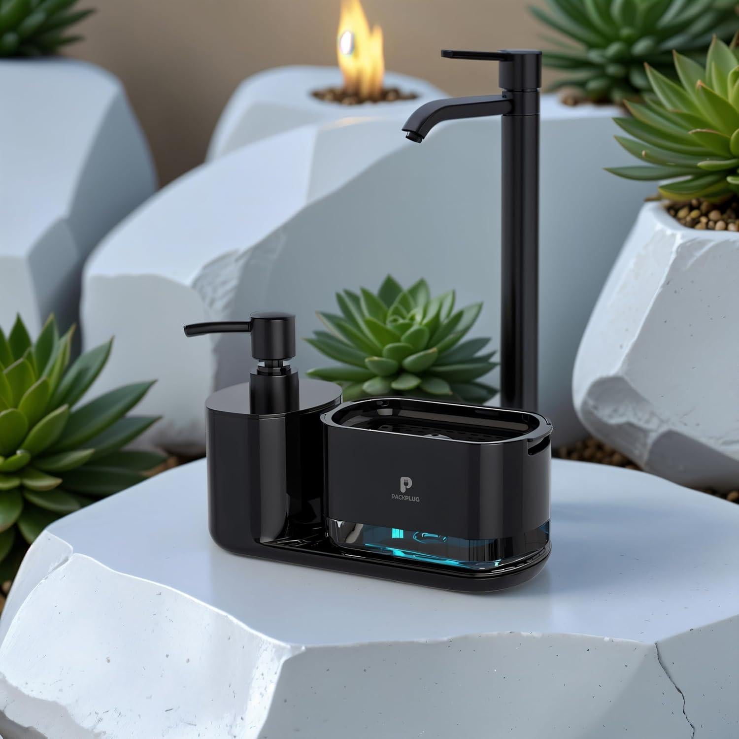 Dispensador de Jabón PackPlug con Soporte para Esponja Negro