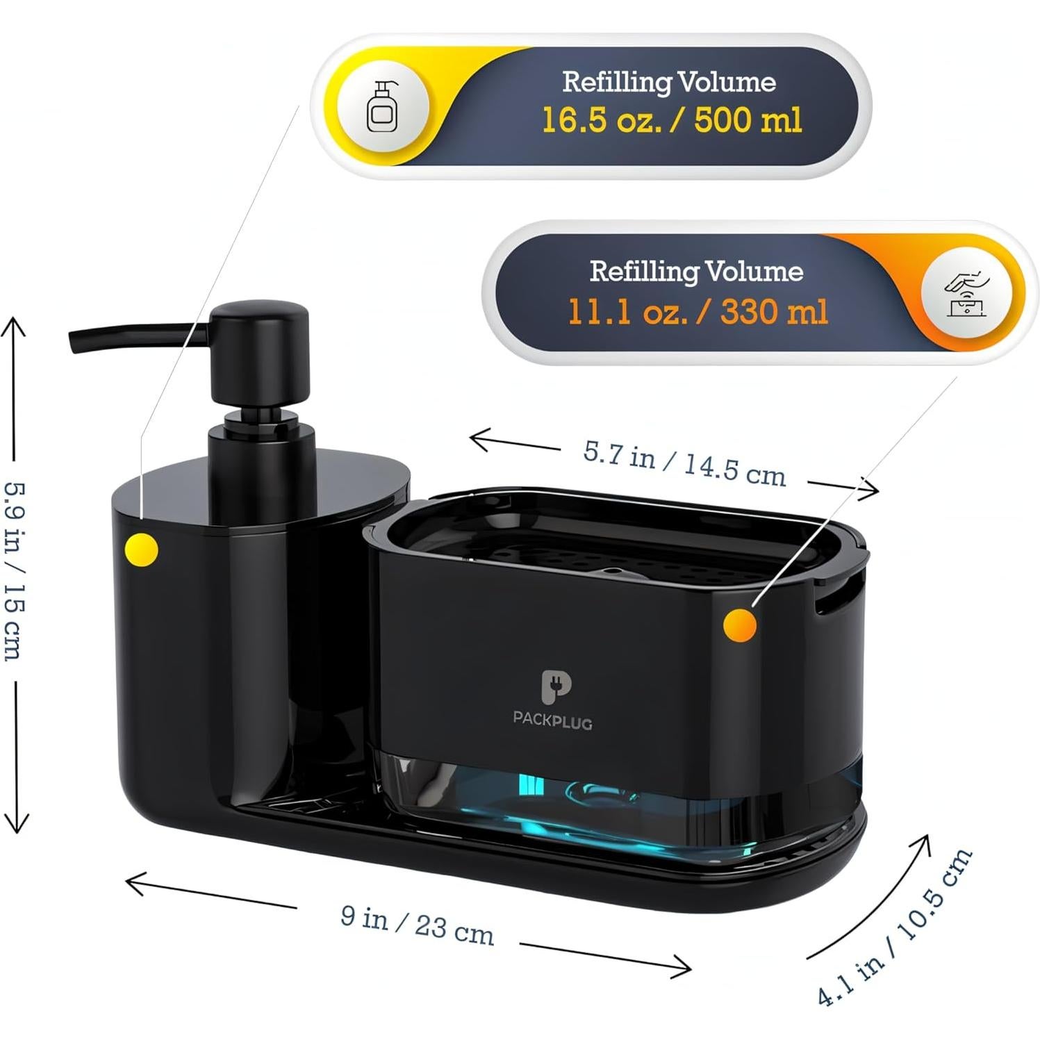 Dispensador de Jabón PackPlug con Soporte para Esponja Negro