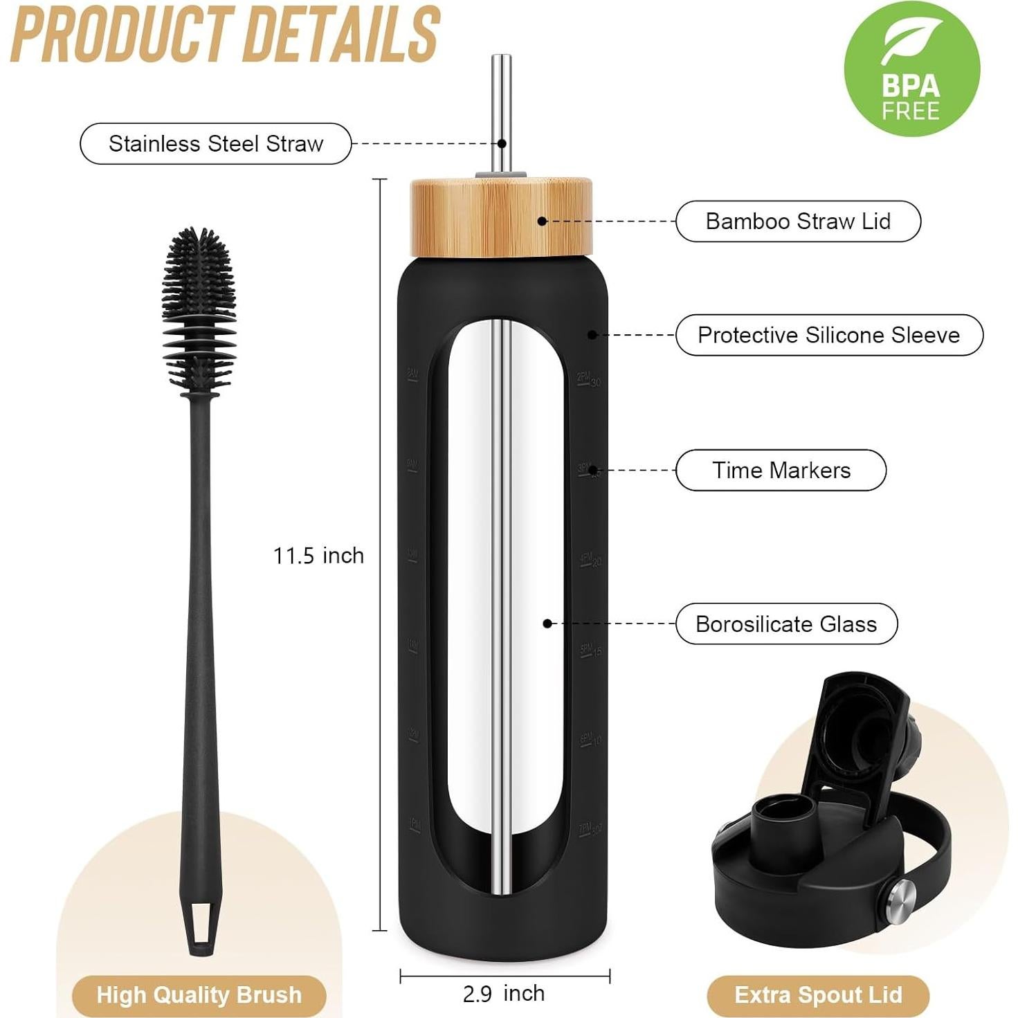 Botella de Agua de Vidrio 25 oz FULBEVY con Pajilla y Tapa