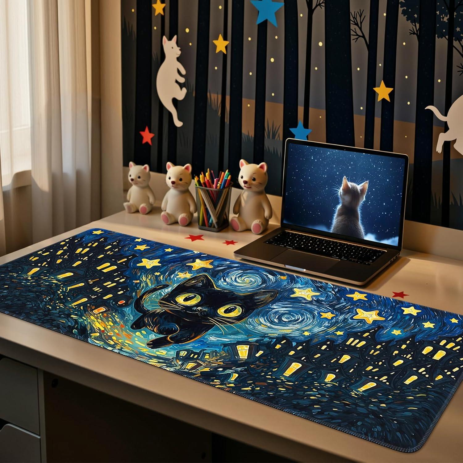 Alfombrilla de Escritorio iCasso XL Gato Negro 90x40 cm Antideslizante