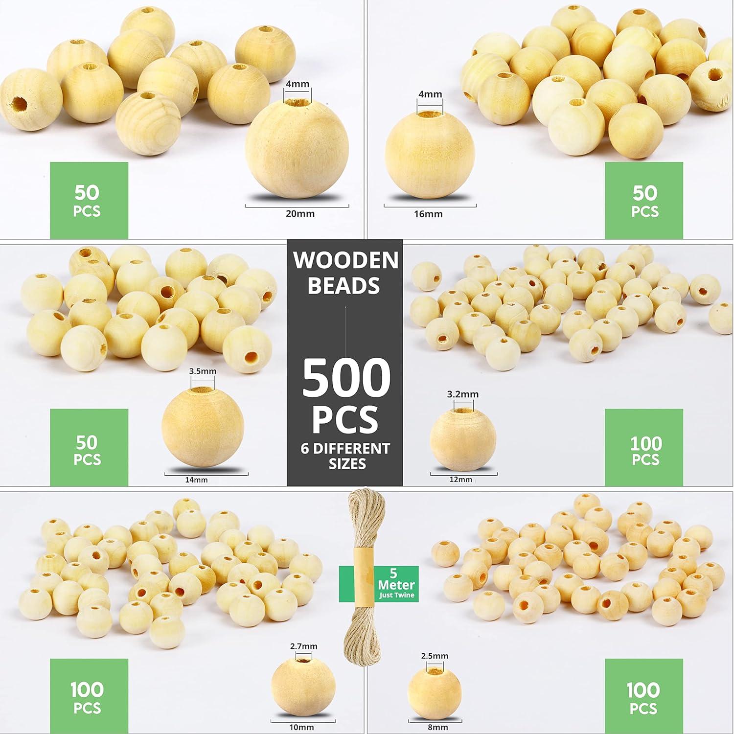 500 Perlas de Madera Natural Craftarys - 6 Tamaños para Manualidades