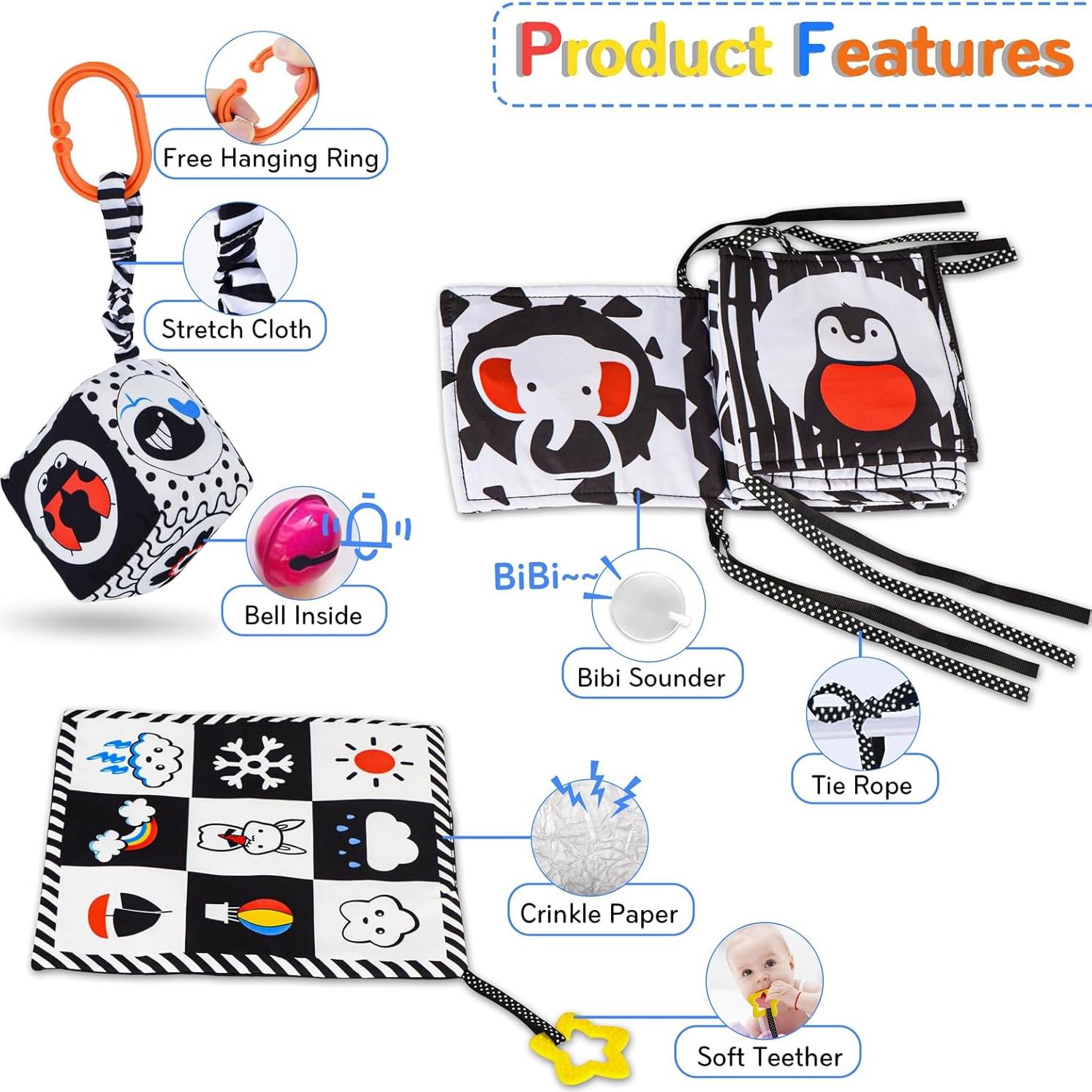 Juguetes Sensoriales para Bebés SAMMAS 3 Pcs Blanco y Negro