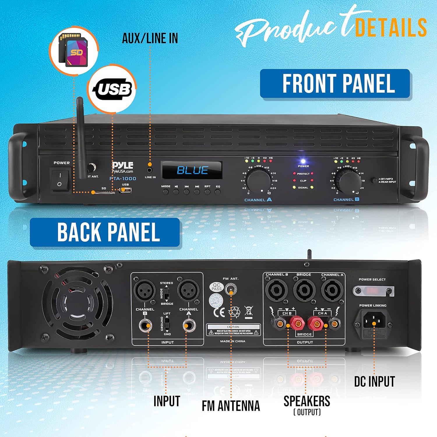 Amplificador Bluetooth Pyle PTA1000BT 2000W 2 Canales Rack