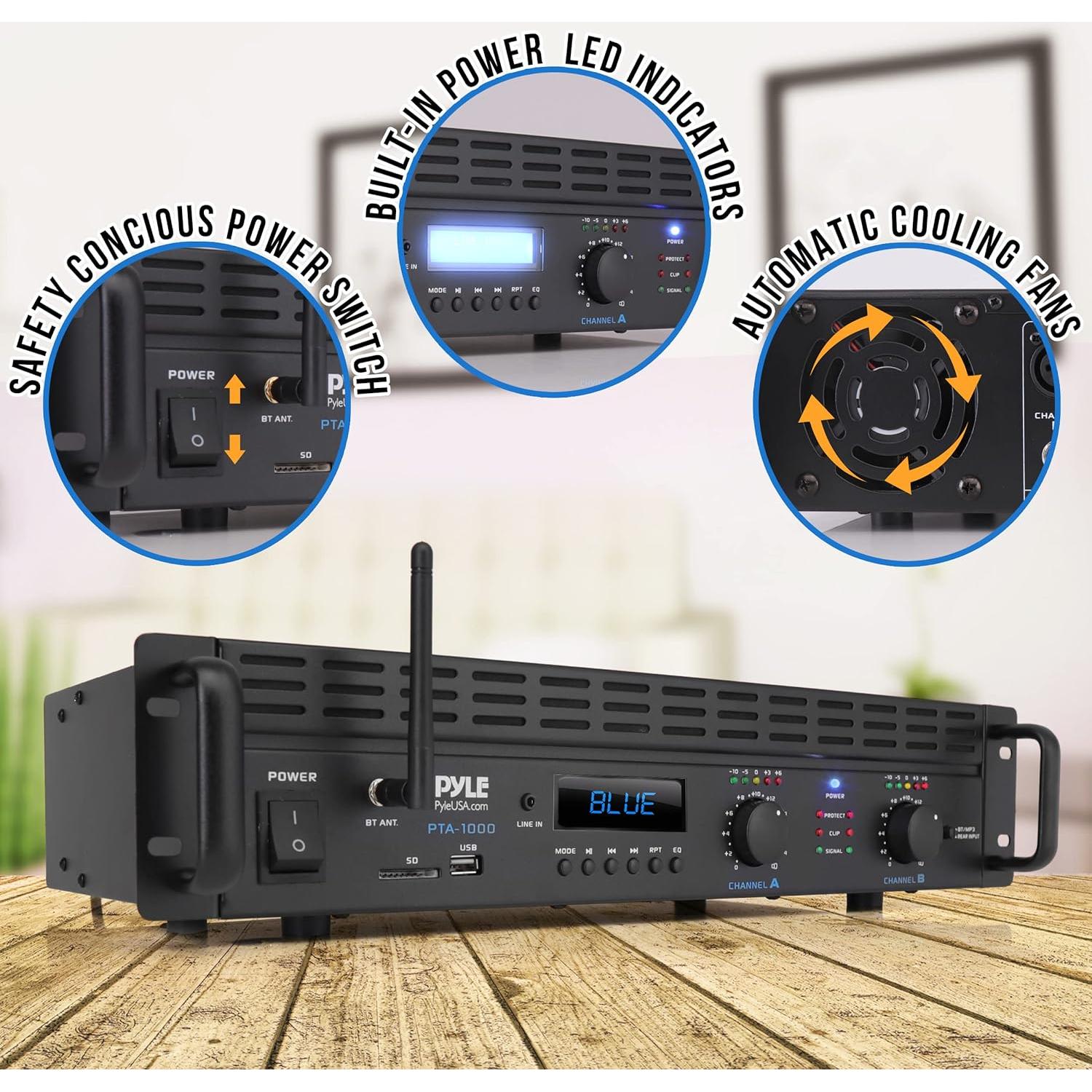 Amplificador Bluetooth Pyle PTA1000BT 2000W 2 Canales Rack