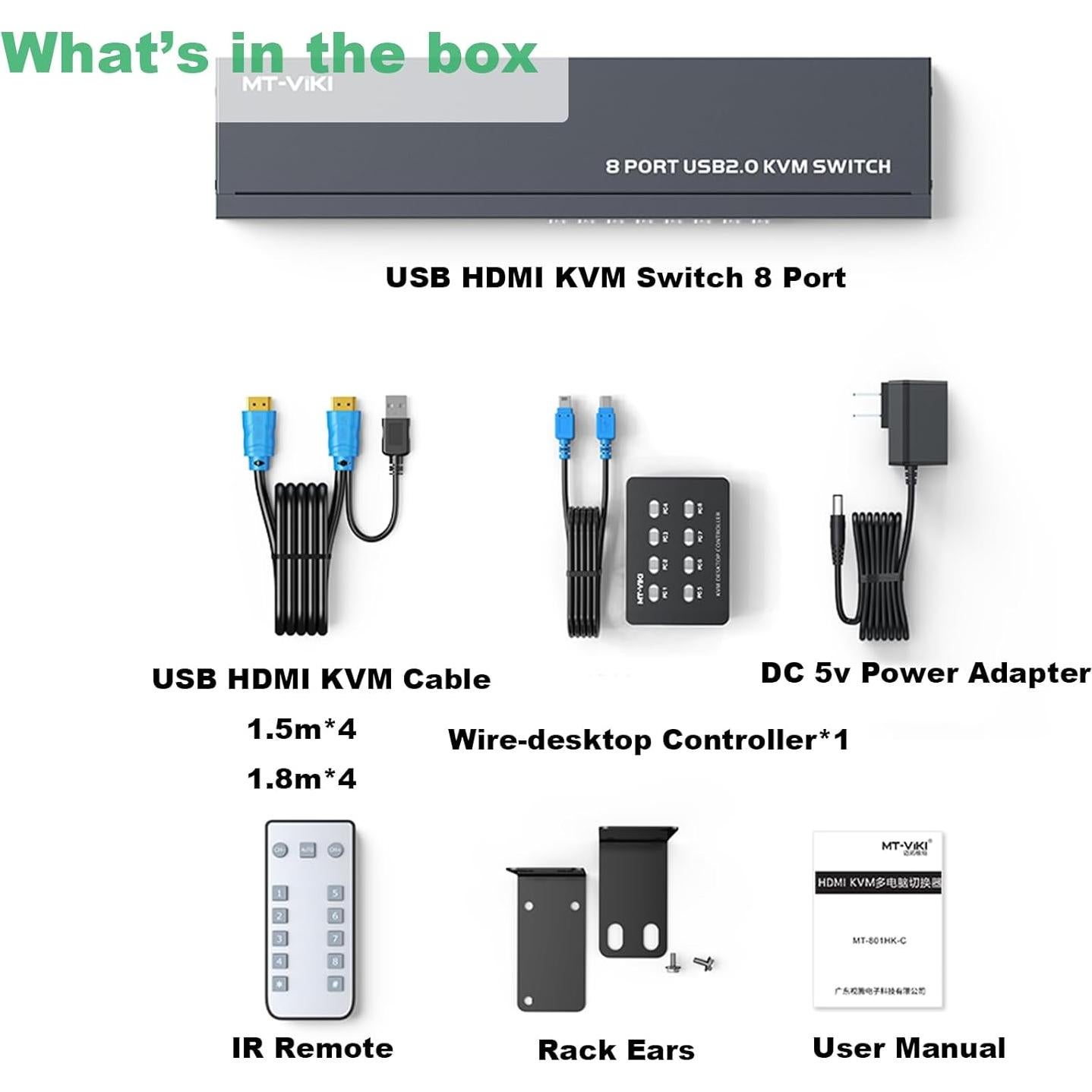 Switch KVM HDMI 8 Puertos MT-VIKI 4K 30Hz con Cables