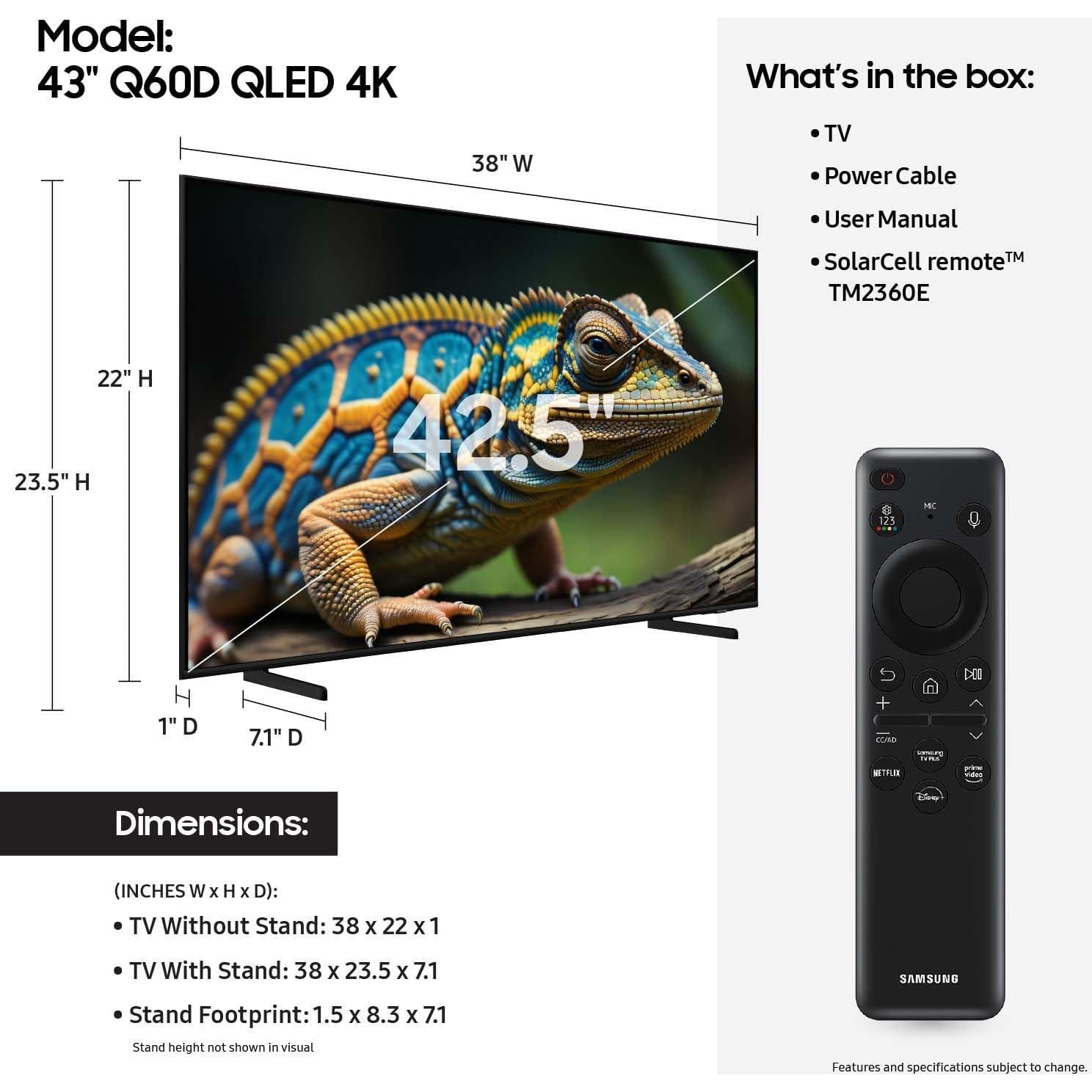 Samsung Televisor QLED 4K 43" Q60D HDR Cuántico 2024