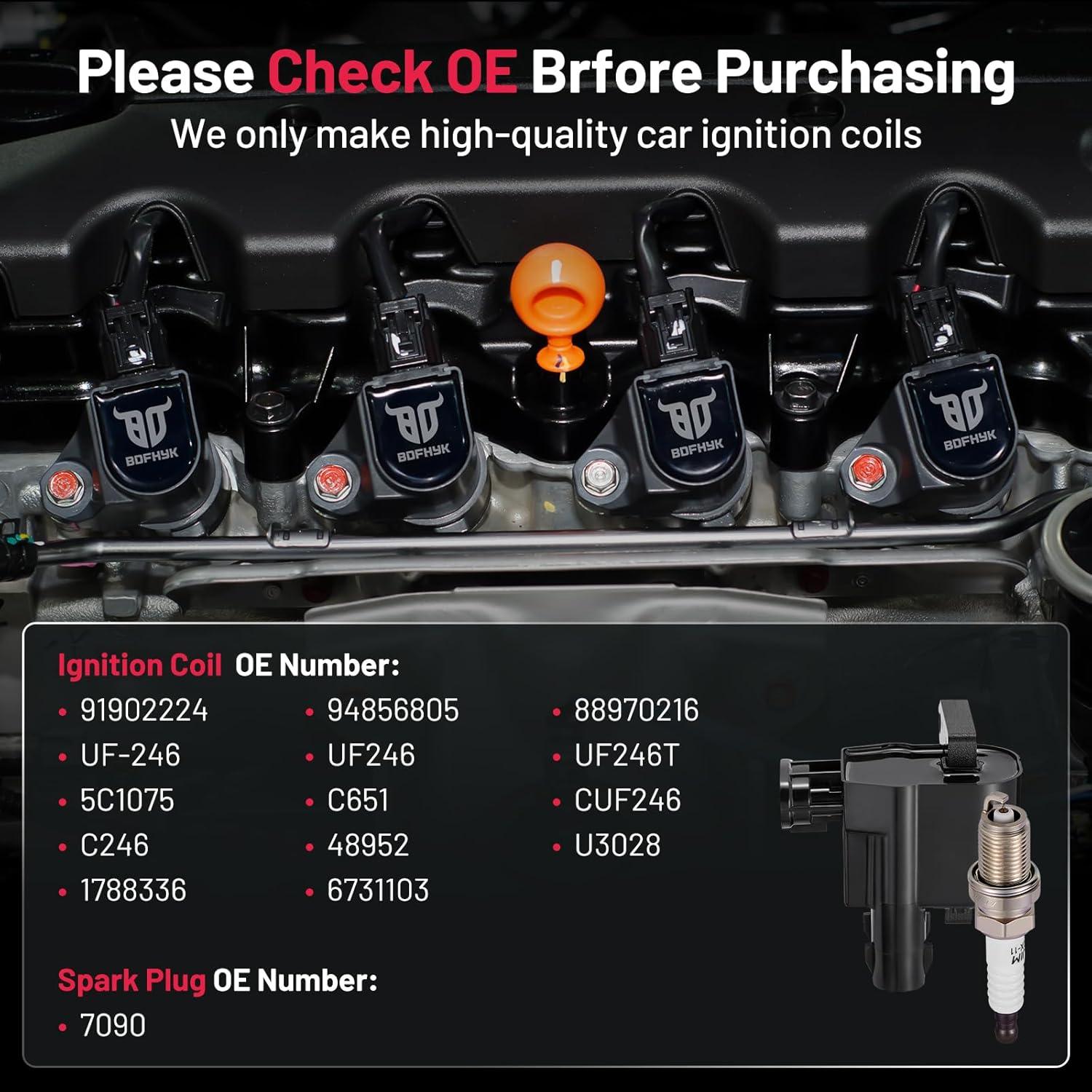 BDFHYK 2 Ignition Coil Pack UF246 and 4 Iridium Spark Plug 7090 Compatible with Chevy 1998-1999 Prizm 1.8L l4; Compatible with Toyota 1998-1999 Corolla 1.8L l4 Coil for 5C1075 C651 CUF246 C246
