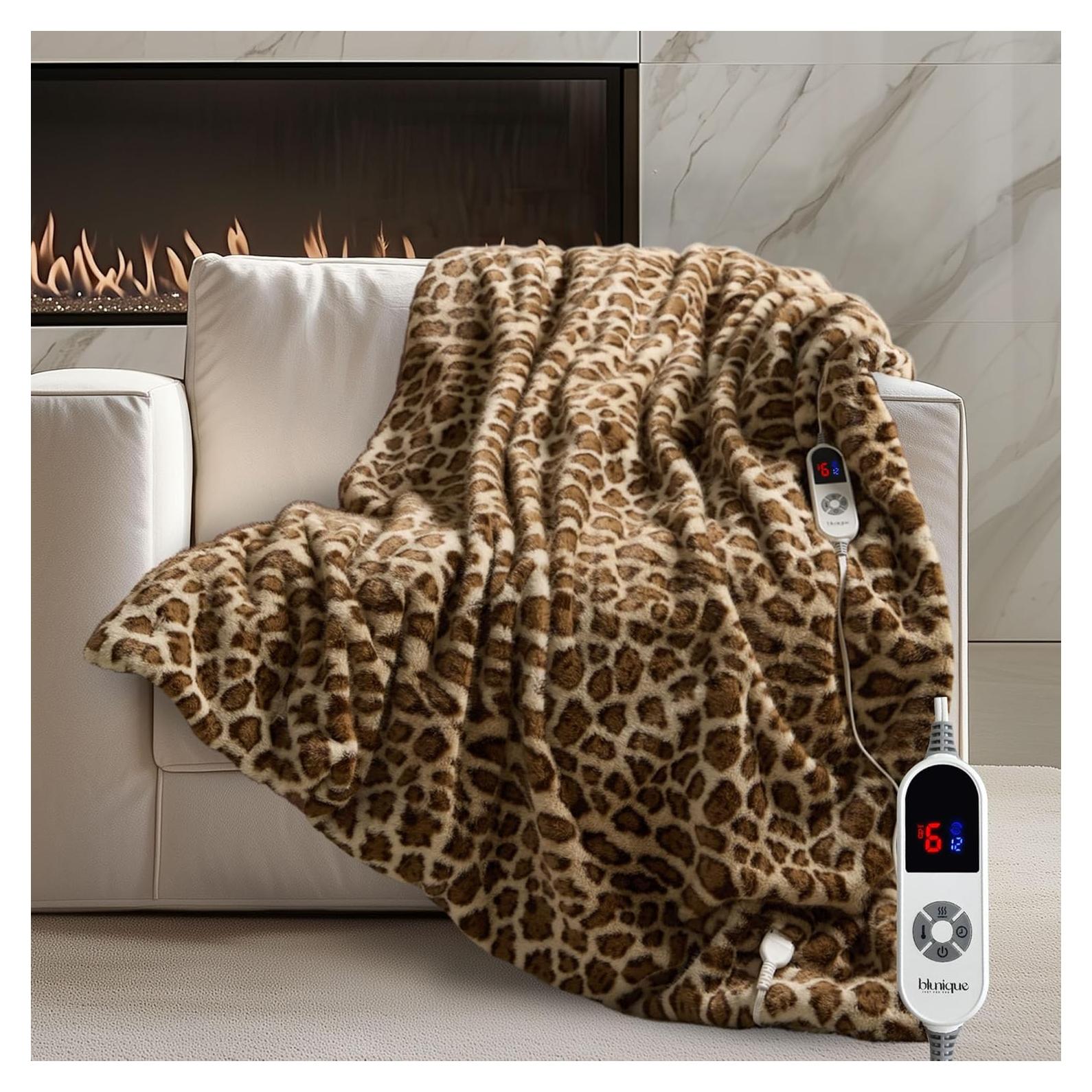 Manta Calentada de Piel Sintética Blunique Leopardo 127x152cm