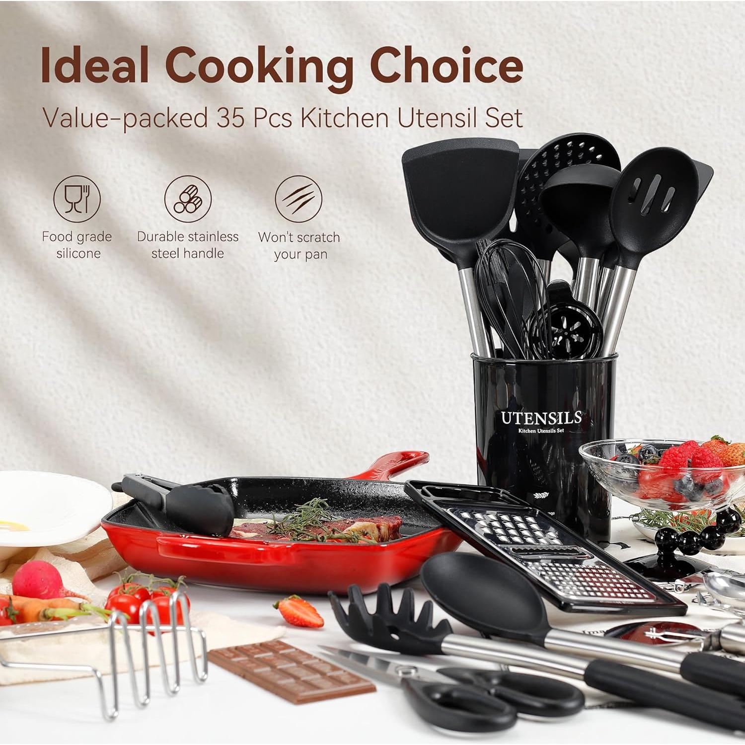 Juego de Utensilios de Cocina NCUE 35 Piezas Silicona Acero Inoxidable