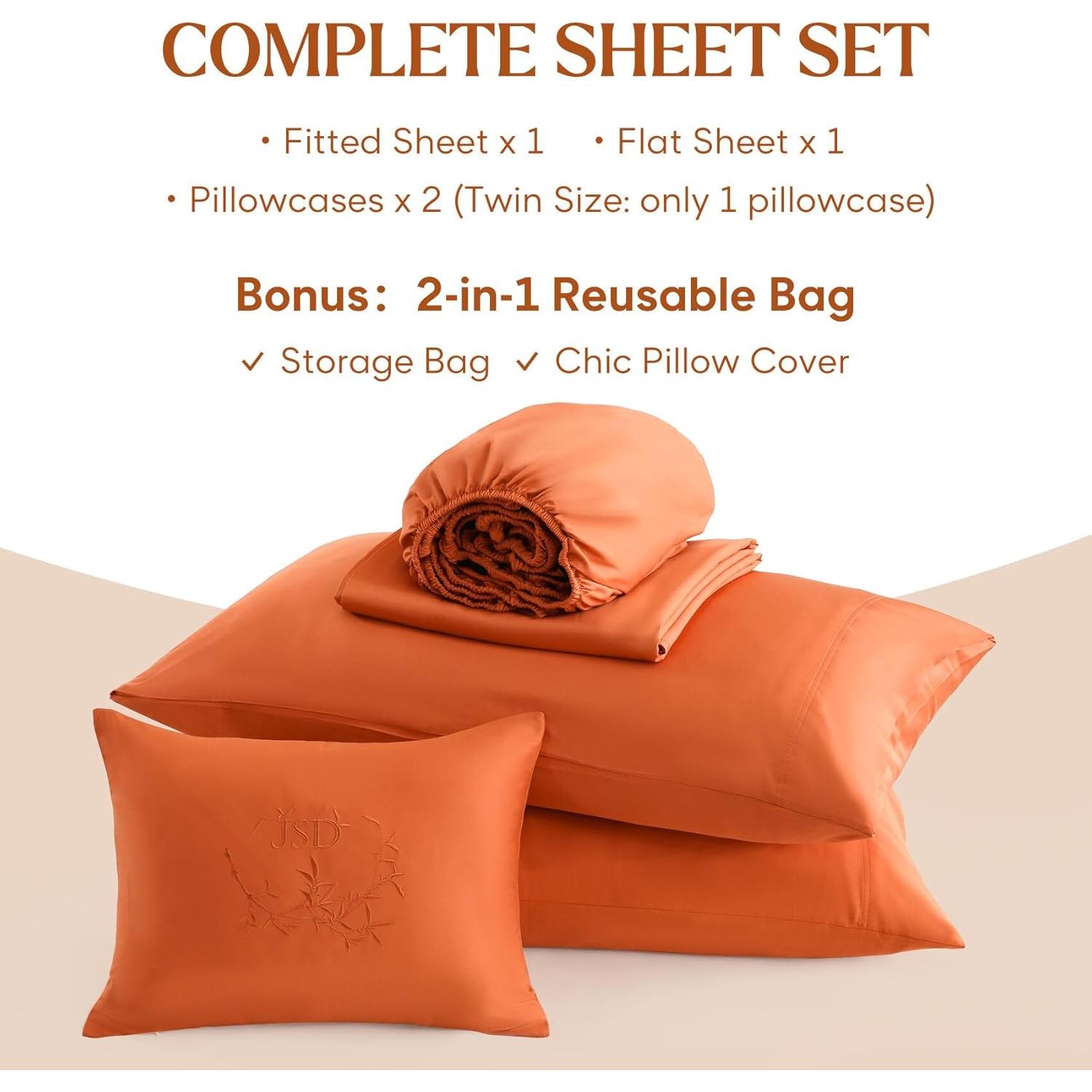 Juego de Sábanas Twin JSD 100% Viscosa de Bambú Naranja