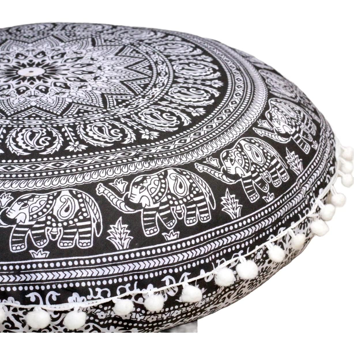 Almohada Redonda Mandala Boho CRAFT KALA 55 cm Elefante B y N