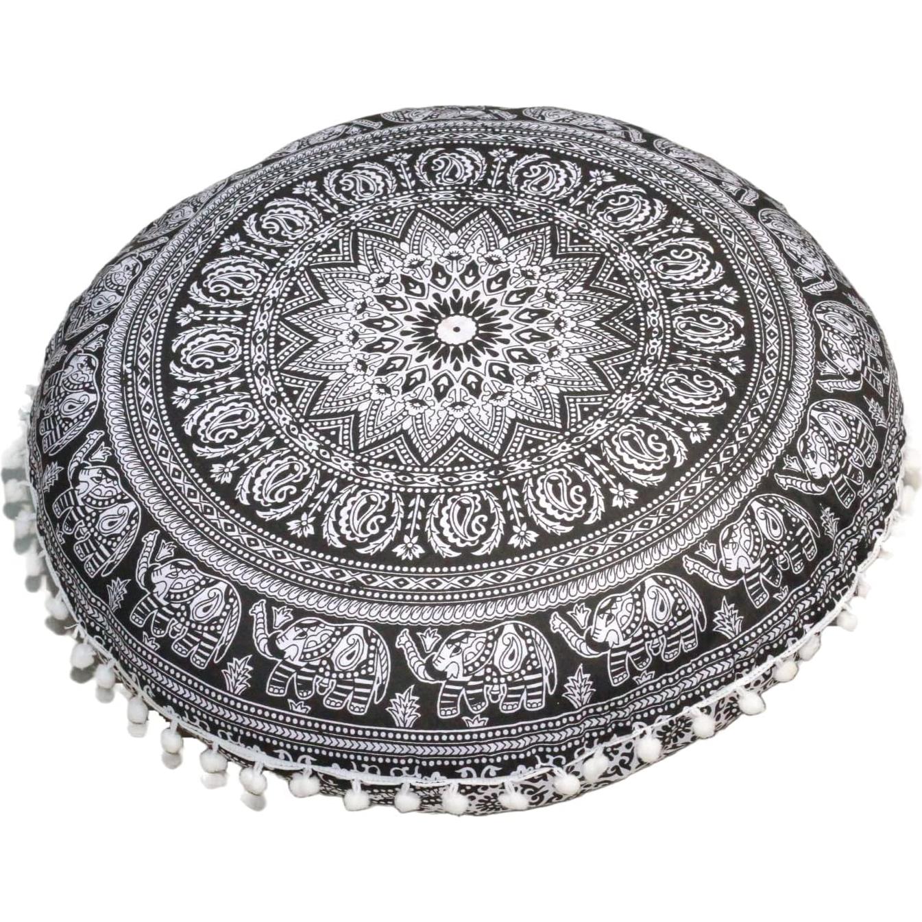 Almohada Redonda Mandala Boho CRAFT KALA 55 cm Elefante B y N