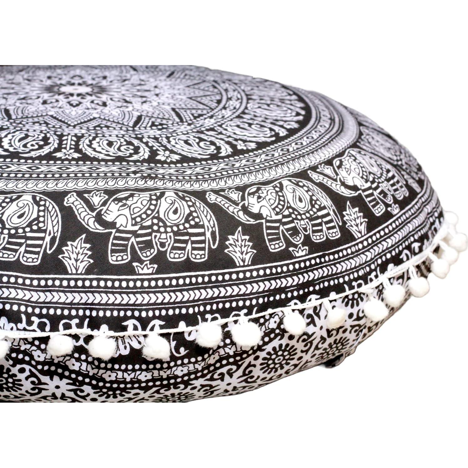 Almohada Redonda Mandala Boho CRAFT KALA 55 cm Elefante B y N