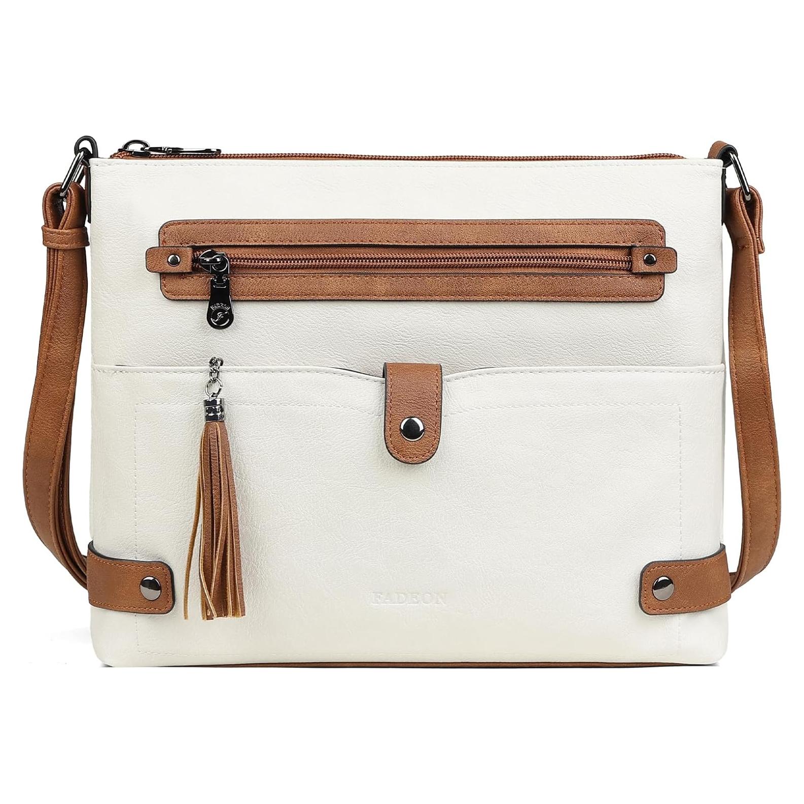 Bolso Cruzado Grande FADEON de Cuero para Mujeres Beige