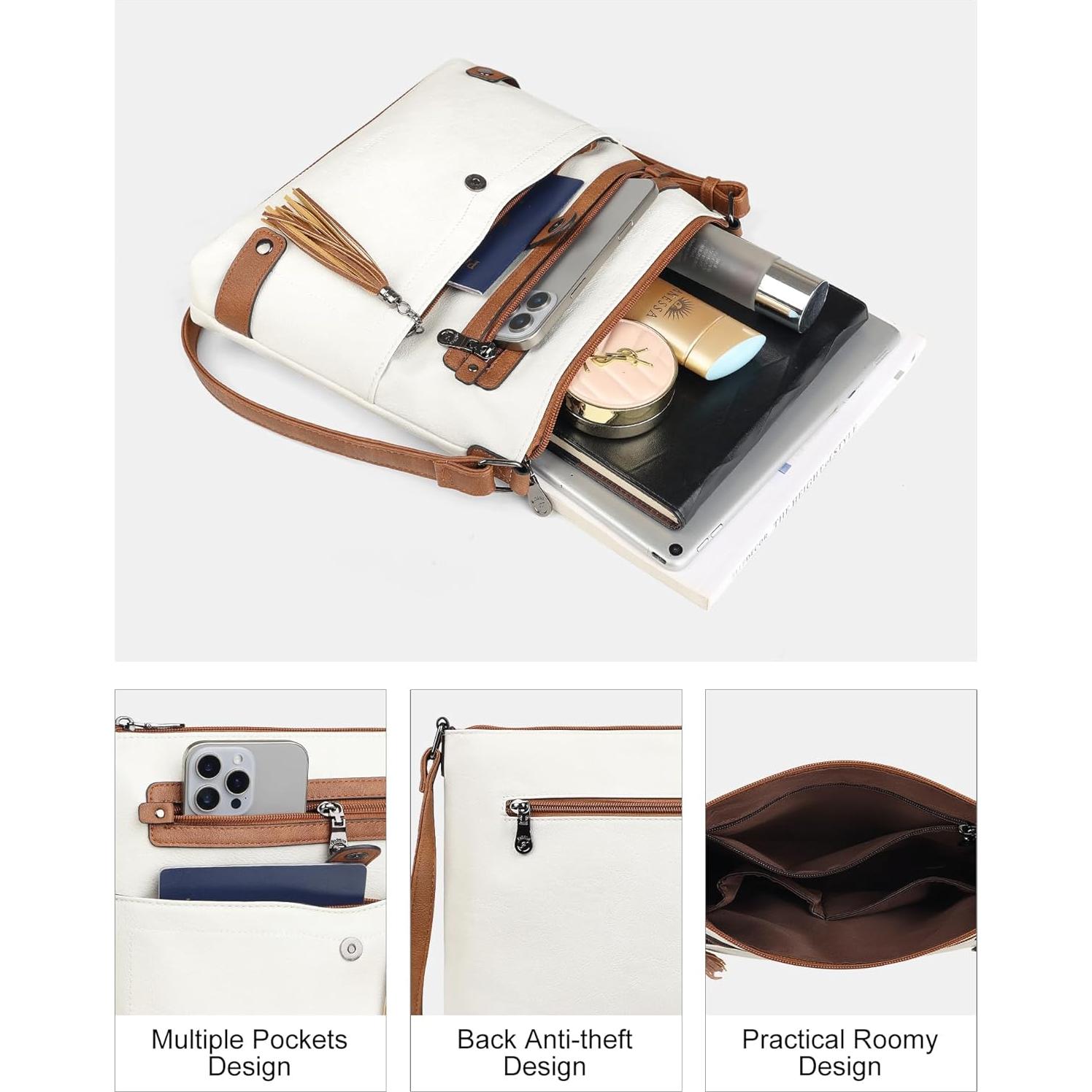 Bolso Cruzado Grande FADEON de Cuero para Mujeres Beige