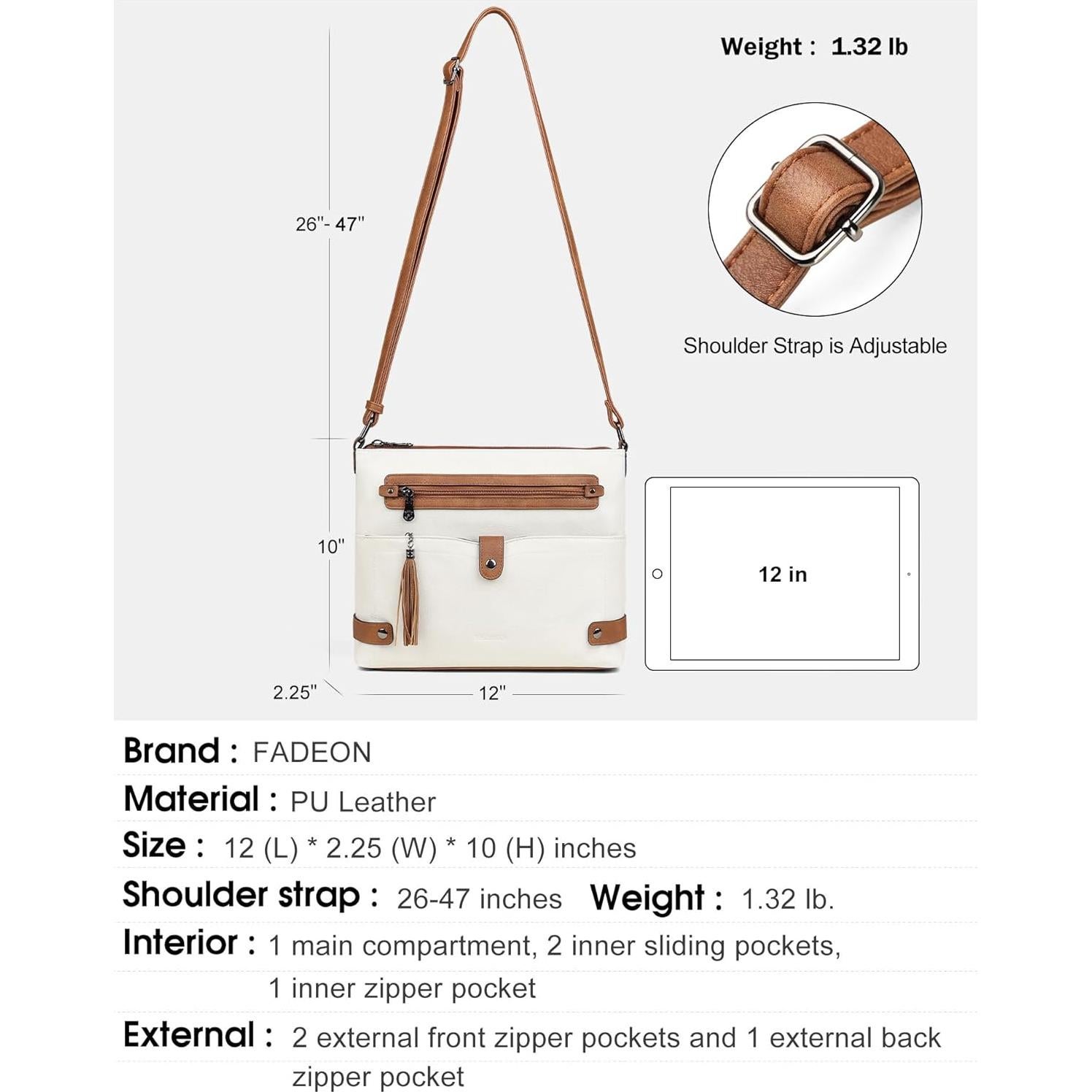 Bolso Cruzado Grande FADEON de Cuero para Mujeres Beige