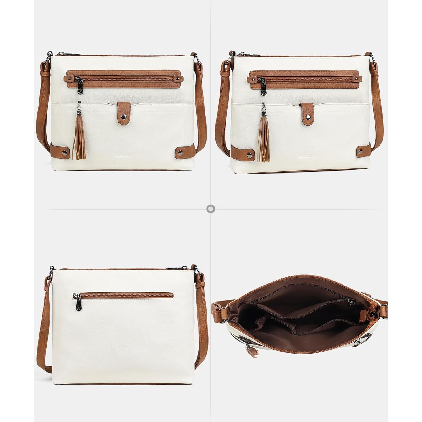 Bolso Cruzado Grande FADEON de Cuero para Mujeres Beige