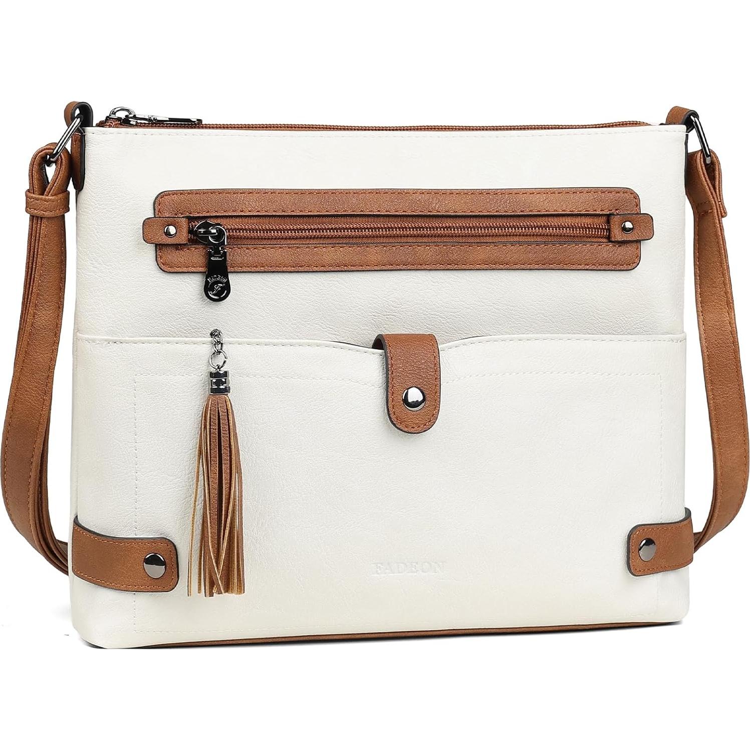 Bolso Cruzado Grande FADEON de Cuero para Mujeres Beige