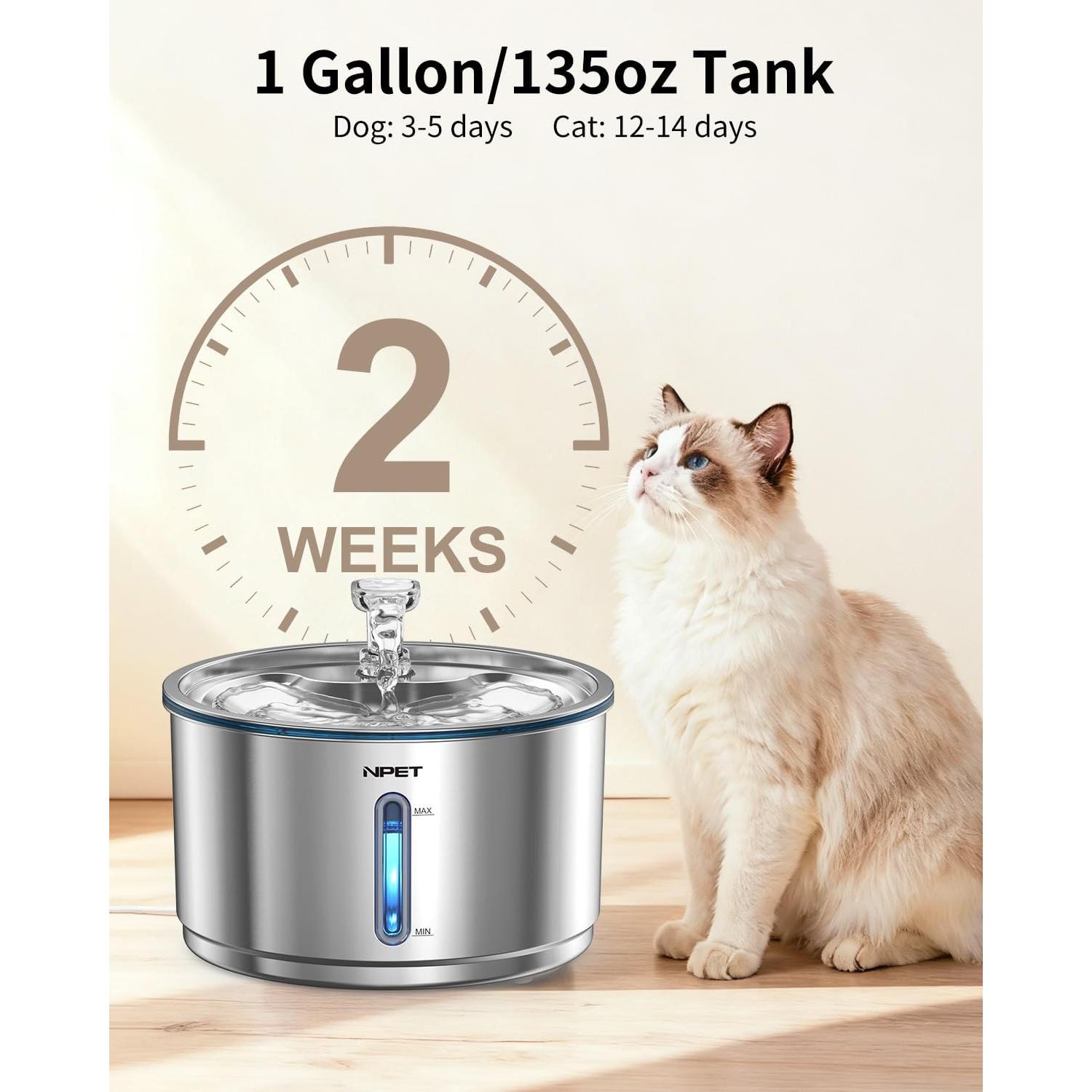 Fuente de Agua Automática para Gatos NPET WF210Plus 4L Acero Inoxidable
