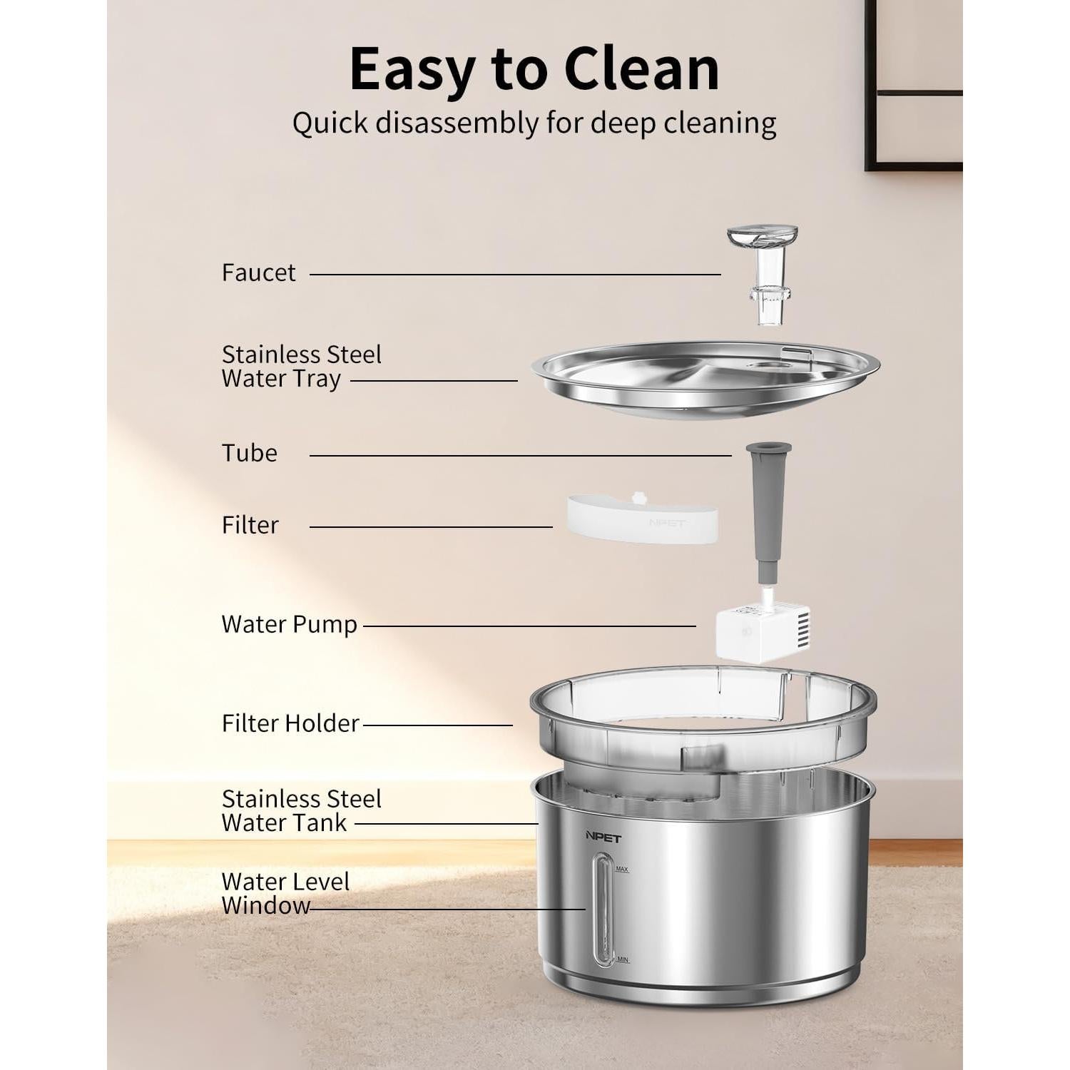 Fuente de Agua Automática para Gatos NPET WF210Plus 4L Acero Inoxidable