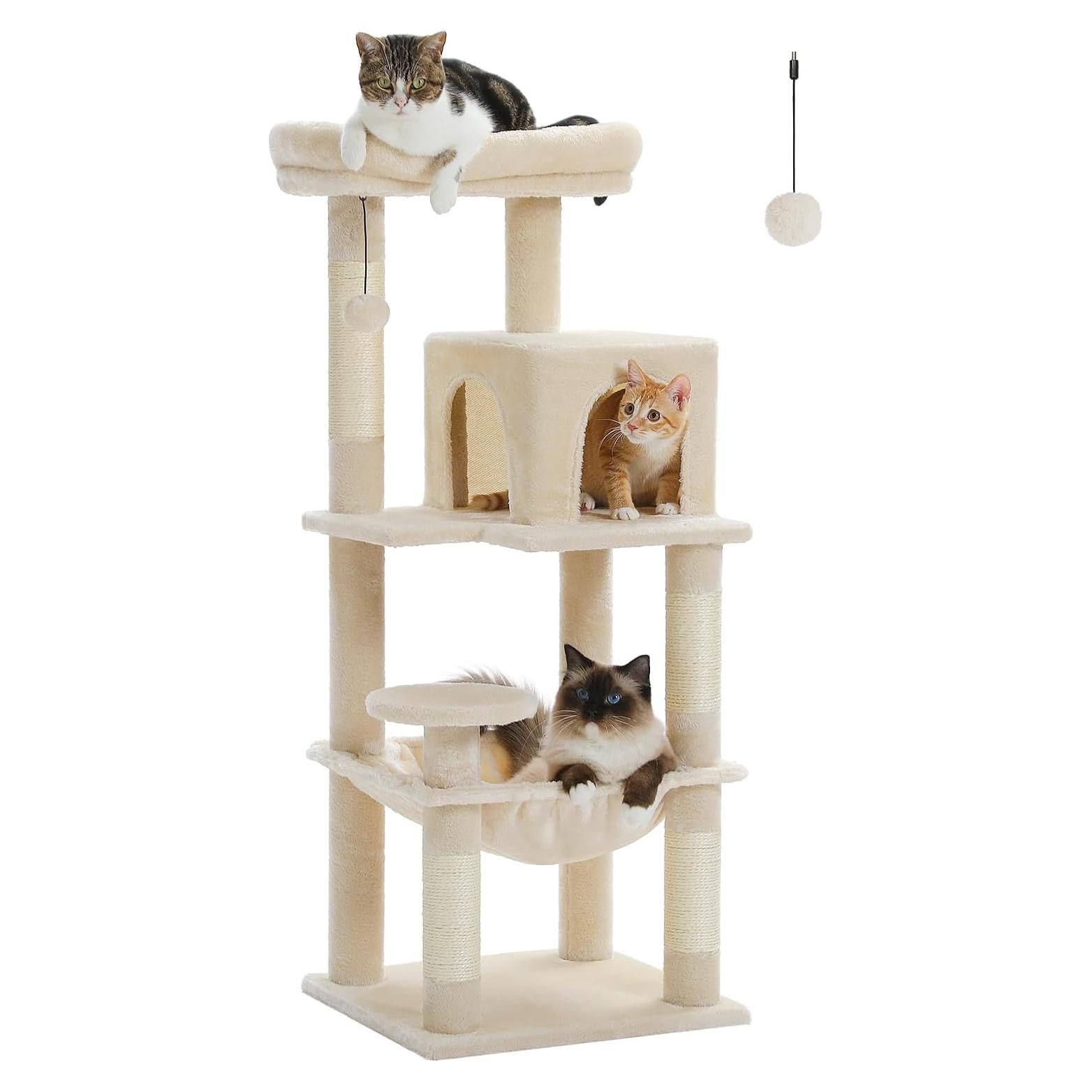 Cat Tree for Indoor Cats, 45.7" Multi-Level Cat Tower with Large Metal Frame Hammock, Cat Condo with 4 Scratching Posts and Top Perch for Small Medium Cat, Beige