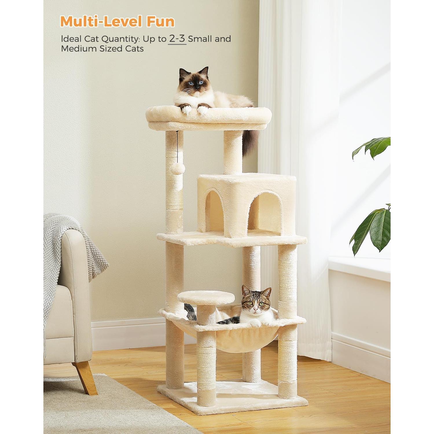 Cat Tree for Indoor Cats, 45.7" Multi-Level Cat Tower with Large Metal Frame Hammock, Cat Condo with 4 Scratching Posts and Top Perch for Small Medium Cat, Beige