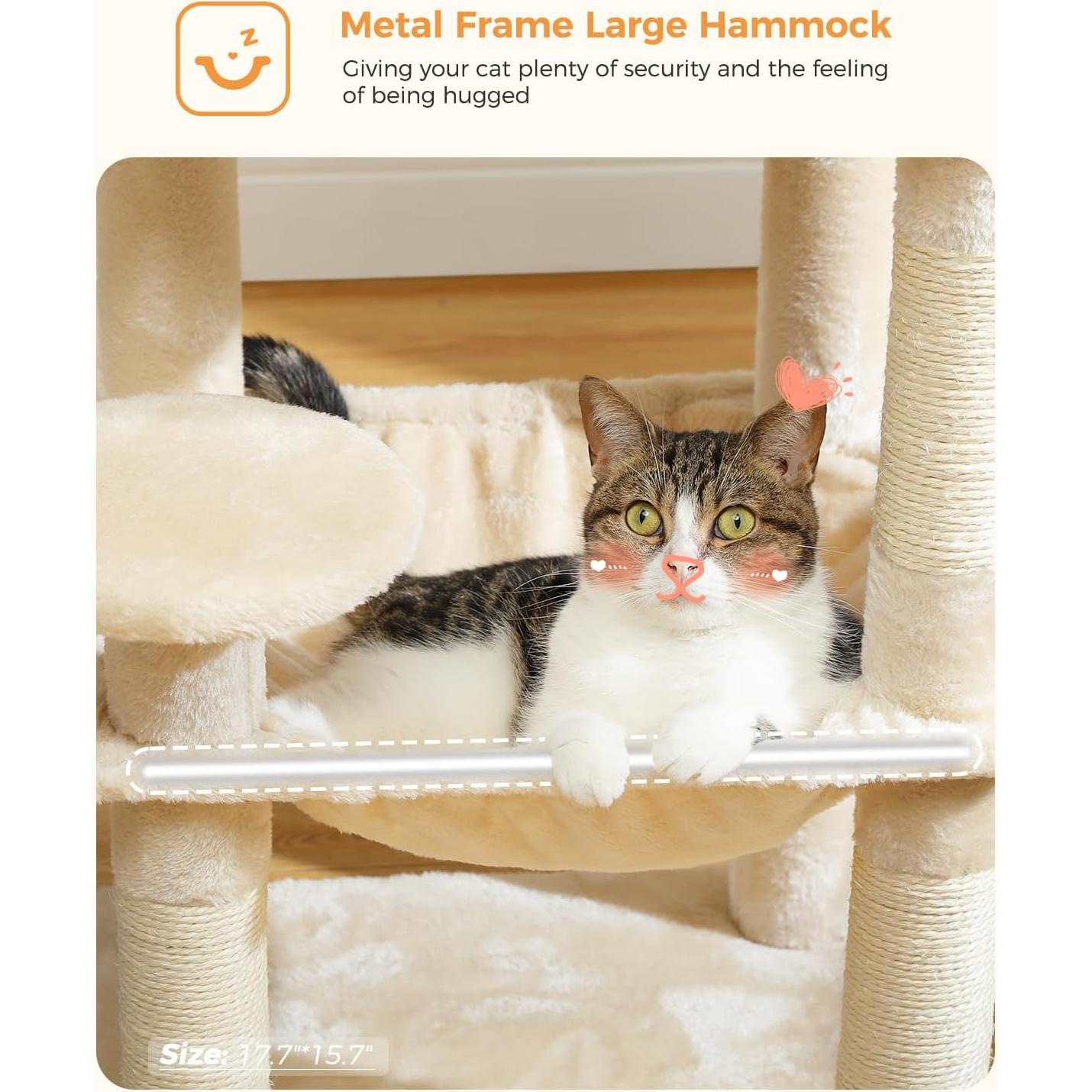Cat Tree for Indoor Cats, 45.7" Multi-Level Cat Tower with Large Metal Frame Hammock, Cat Condo with 4 Scratching Posts and Top Perch for Small Medium Cat, Beige