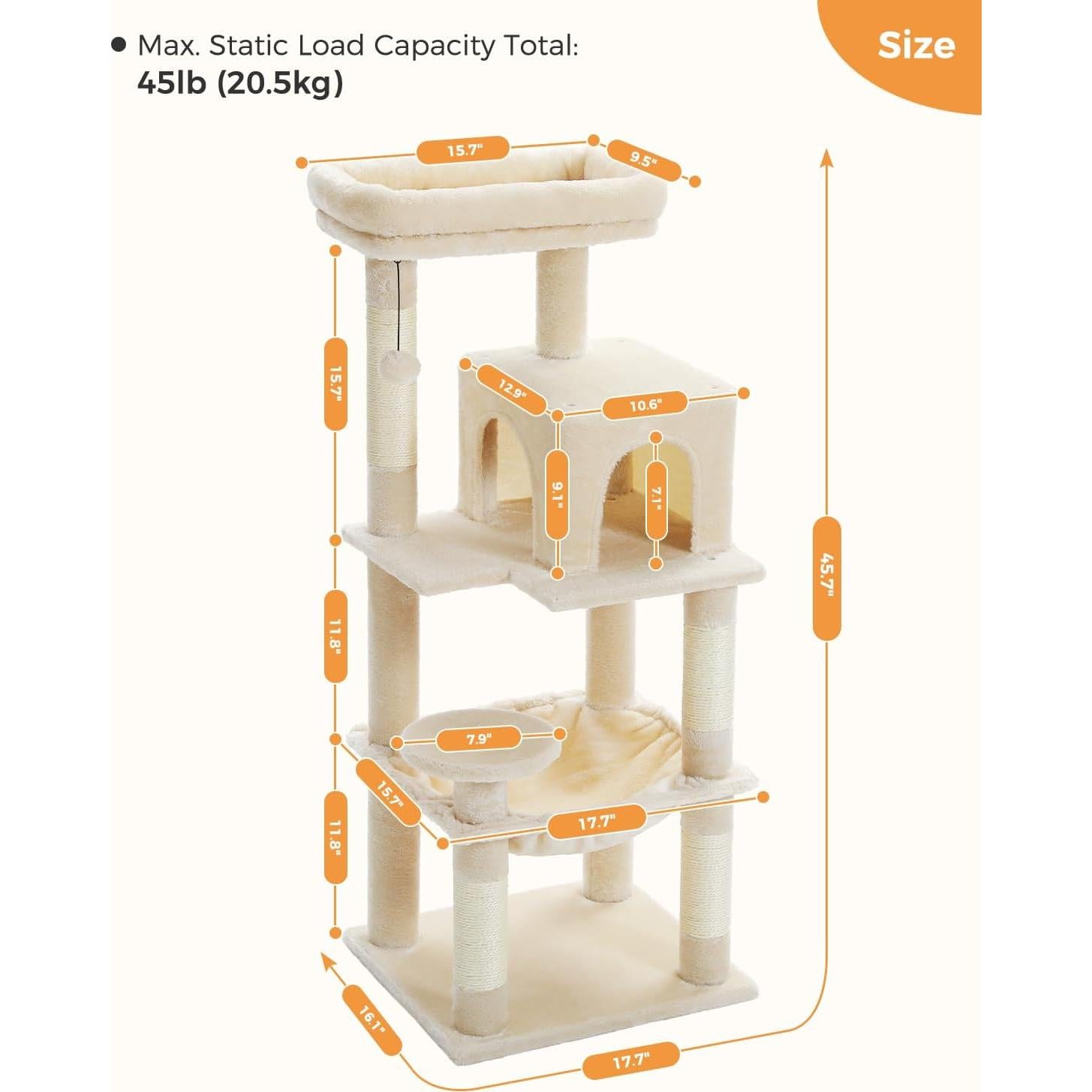 Cat Tree for Indoor Cats, 45.7" Multi-Level Cat Tower with Large Metal Frame Hammock, Cat Condo with 4 Scratching Posts and Top Perch for Small Medium Cat, Beige