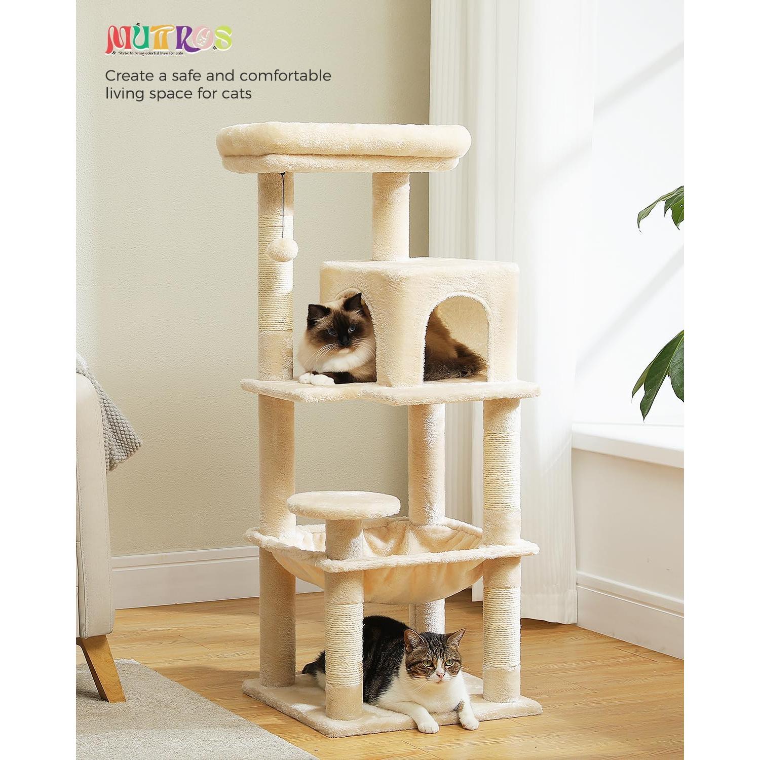 Cat Tree for Indoor Cats, 45.7" Multi-Level Cat Tower with Large Metal Frame Hammock, Cat Condo with 4 Scratching Posts and Top Perch for Small Medium Cat, Beige