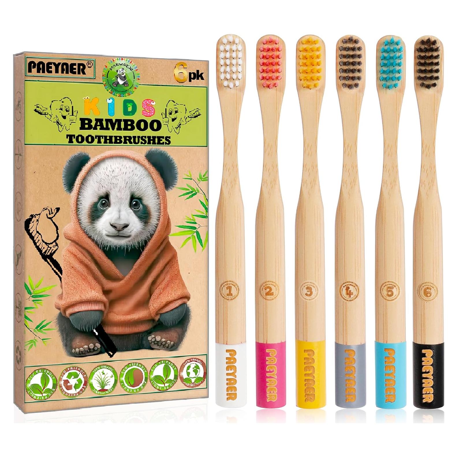 Cepillos de Dientes de Bambú para Niños Paquete de 6 Multicolor