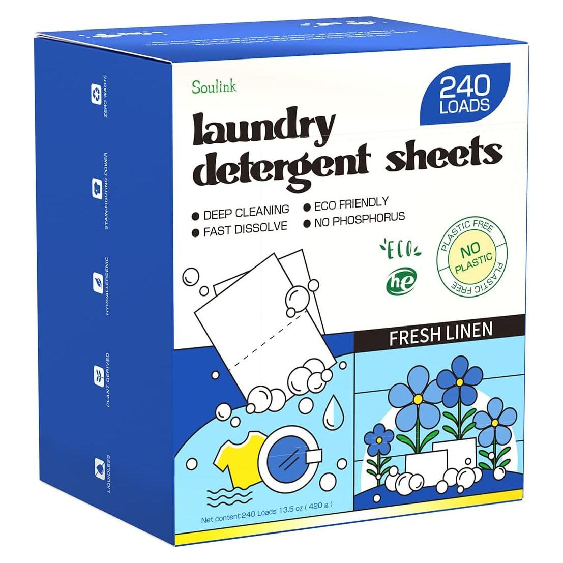 Hojas de detergente ecológicas Soulink 240 Cargas Lino Fresco